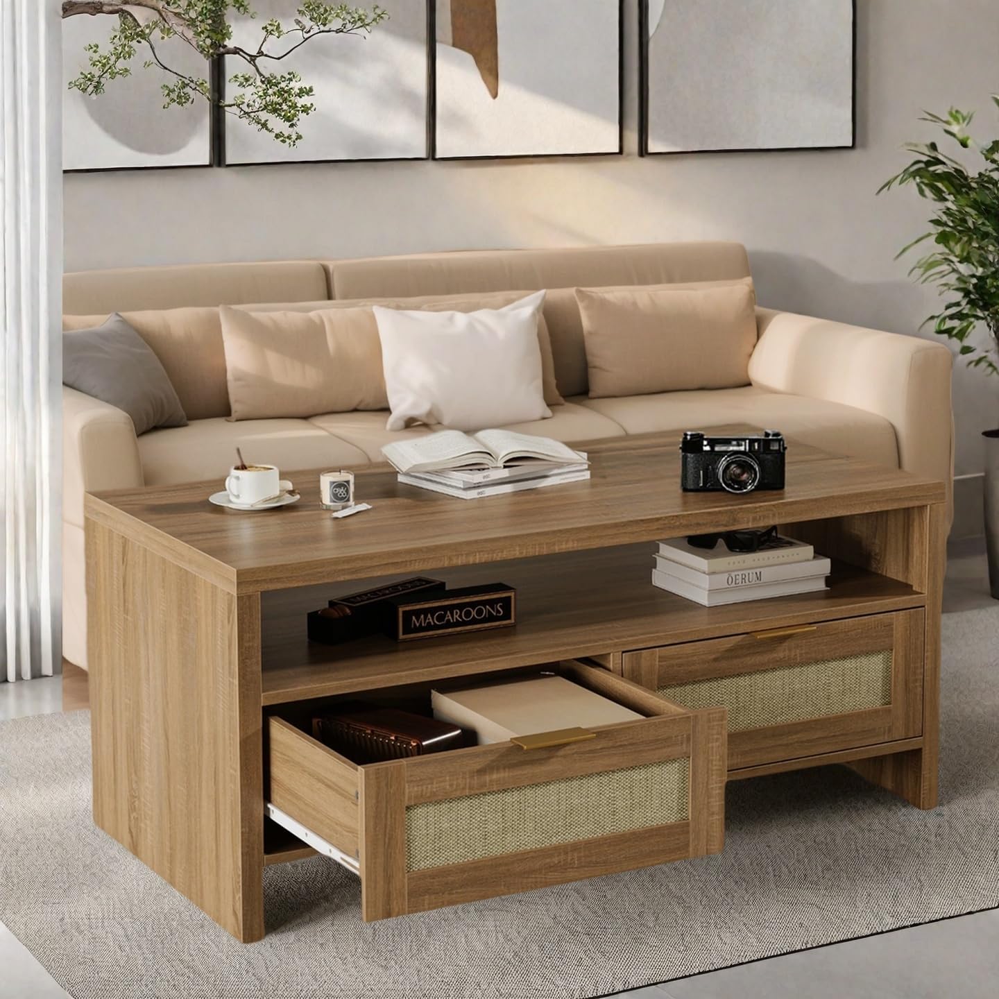 Garvee table basse bohème à 2 niveaux avec rangement, rotin et MDF, 2 tiroirs, style mid-century, chêne, salon et chambre