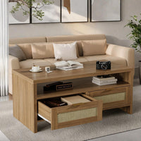Garvee table basse bohème à 2 niveaux avec rangement, rotin et MDF, 2 tiroirs, style mid-century, chêne, salon et chambre
