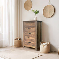 Garvee commode style campagne, 5 tiroirs, bois vieilli, imperméable, chambre, salon, 40 × 70 × 114 cm, brun