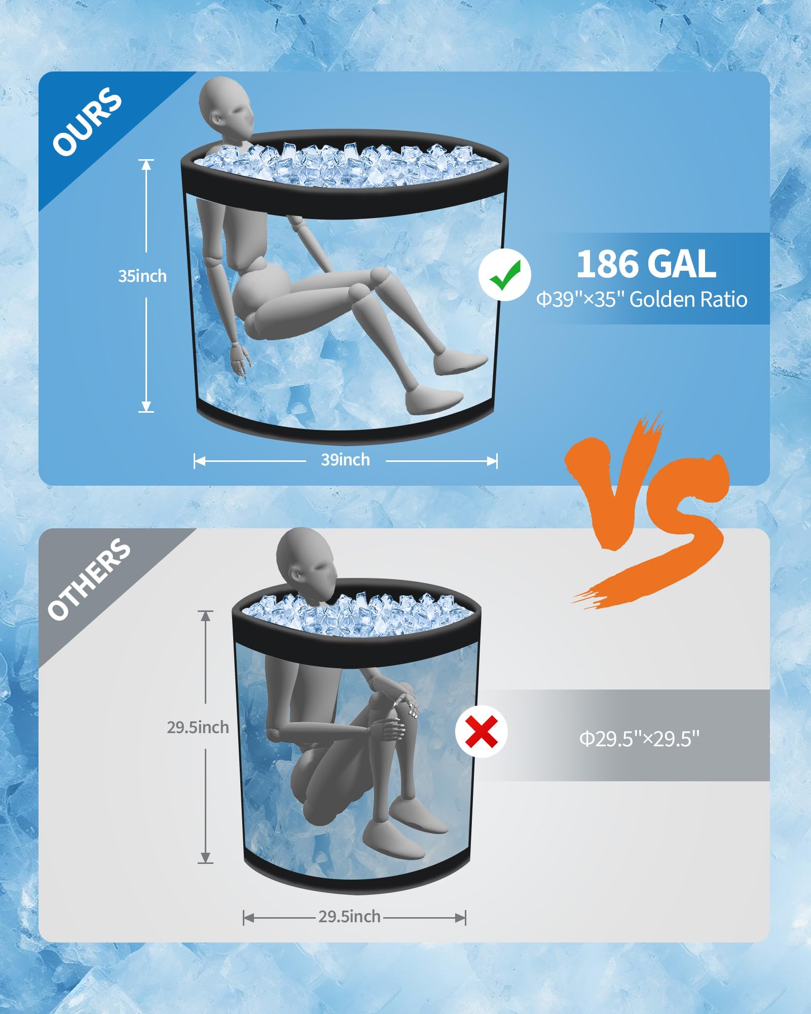 Baignoire balnéo Garvee XXL pour athlètes, 700 litres, PVC de qualité militaire, compatible avec les refroidisseurs d'eau, portable, couvercle isolé, sports et loisirs