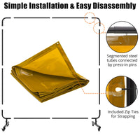 Écran de soudage Garvee 2,4 x 1,8 m avec cadre en acier, PVC transparent, jaune, pour atelier, sur roulettes, ignifugé, protection UV