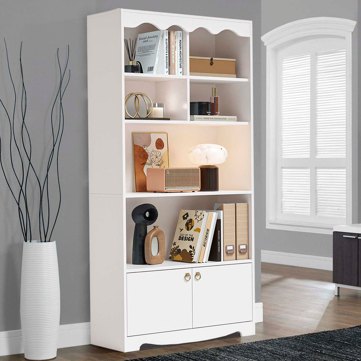Garvee Bibliothèque blanche 5 niveaux avec étagères ouvertes et portes, meuble de rangement moderne en bois, hauteur 160cm, pour bureau