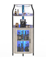 Garvee Étagère à vin moderne courbée LED en MDF robuste avec porte en verre pour salon et bar, 4 niveaux, design d'angle, éclairage multicolore - Gris