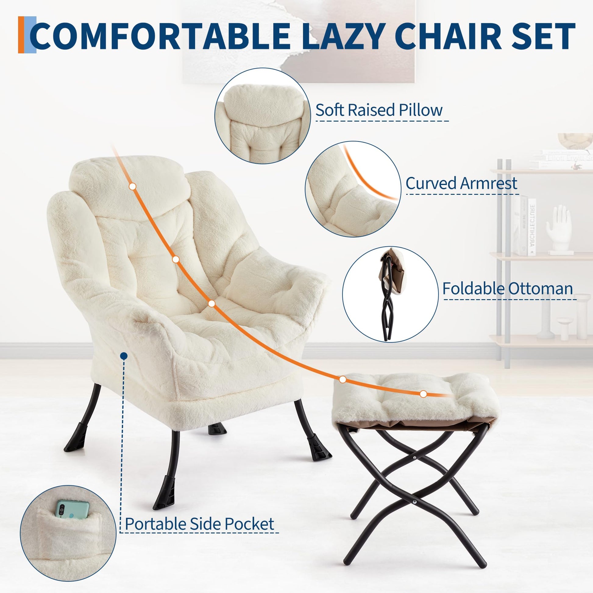Fauteuil relax Garvee avec repose-pieds, ergonomique, durable, blanc, pour salon, bureau, confortable
