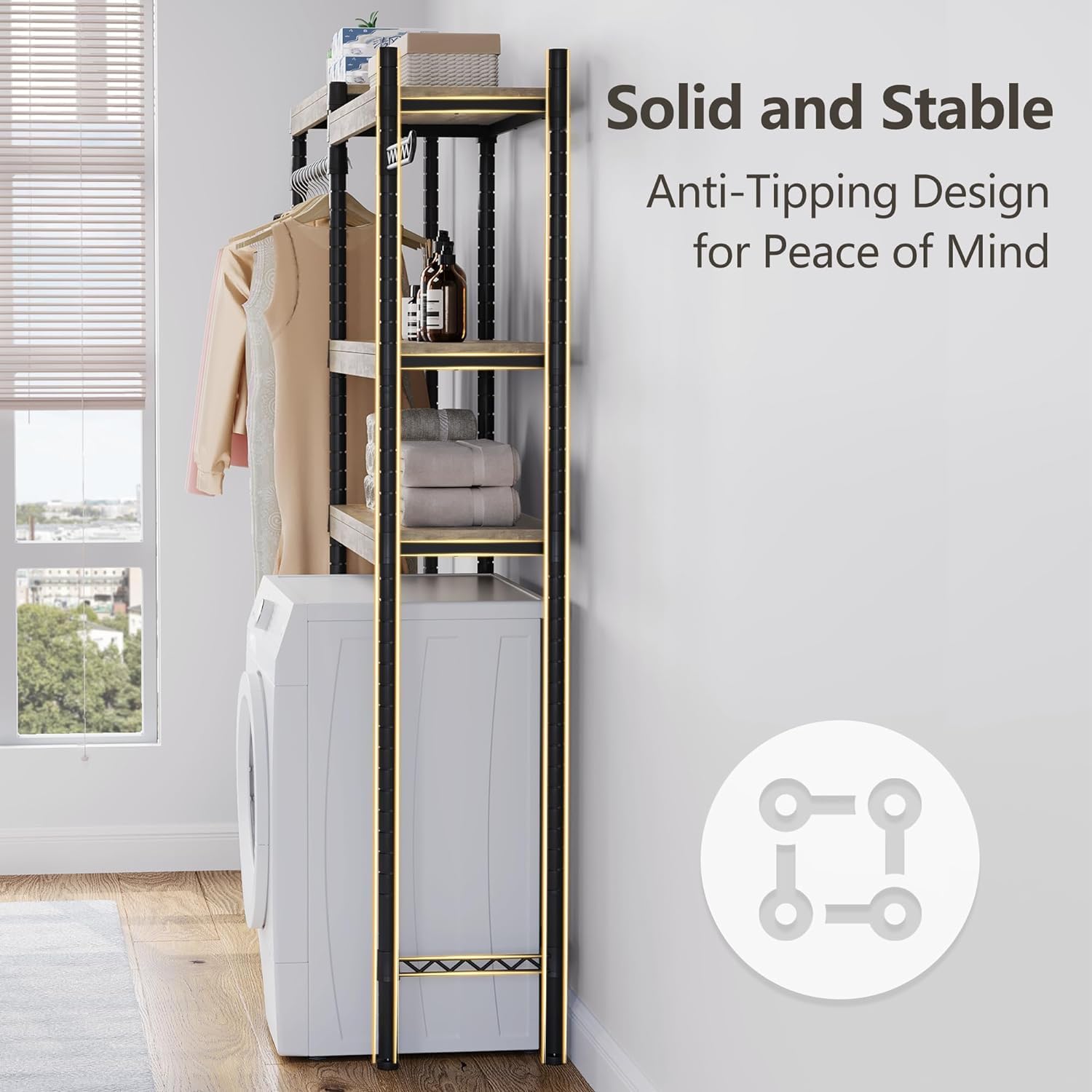 Étagère à lave-linge Garvee 30 pouces à 5 niveaux avec double couche, étagères en bois pour salle de bain et balcon, réglable, gris/noir