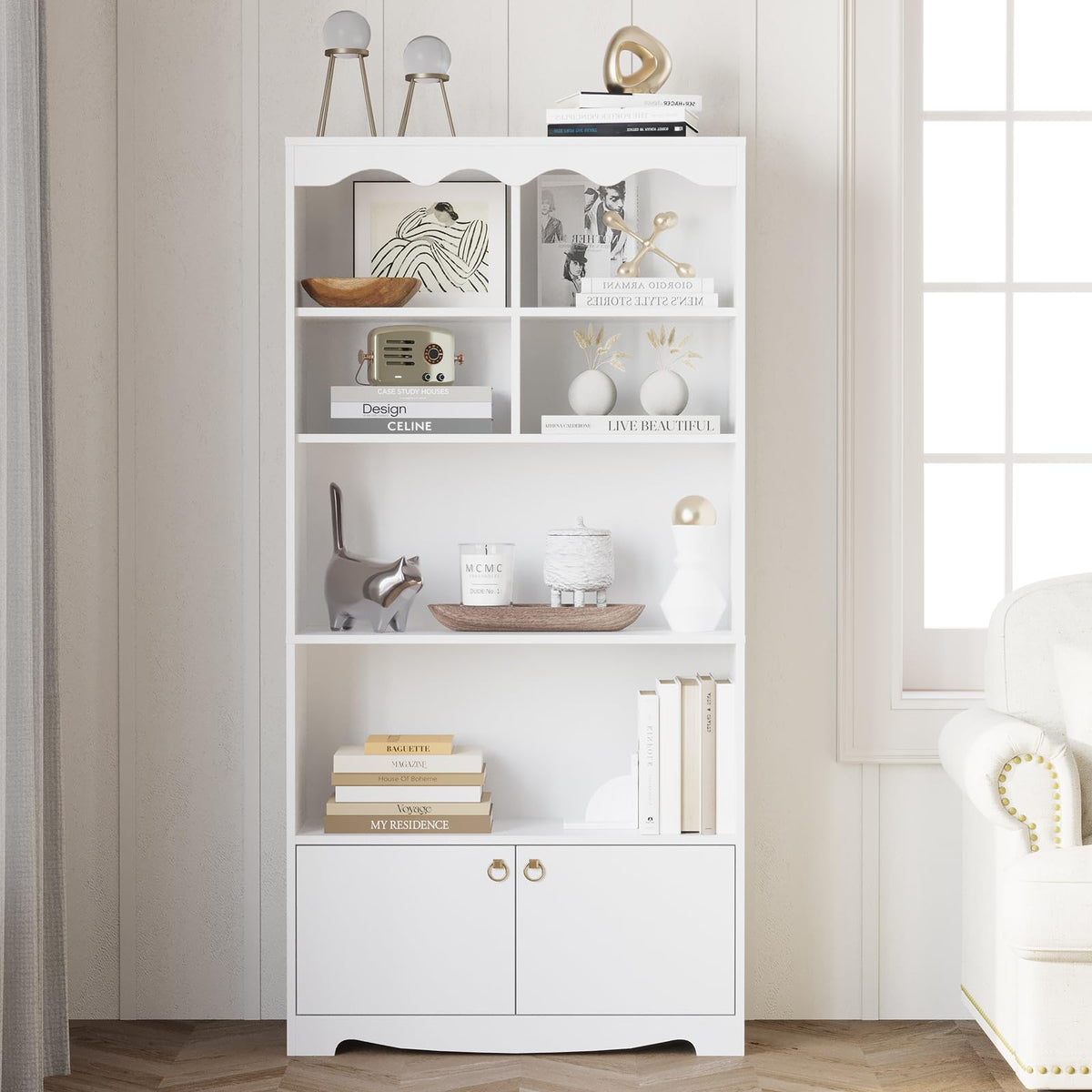 Garvee Bibliothèque blanche 5 niveaux avec étagères ouvertes et portes, meuble de rangement moderne en bois, hauteur 160cm, pour bureau