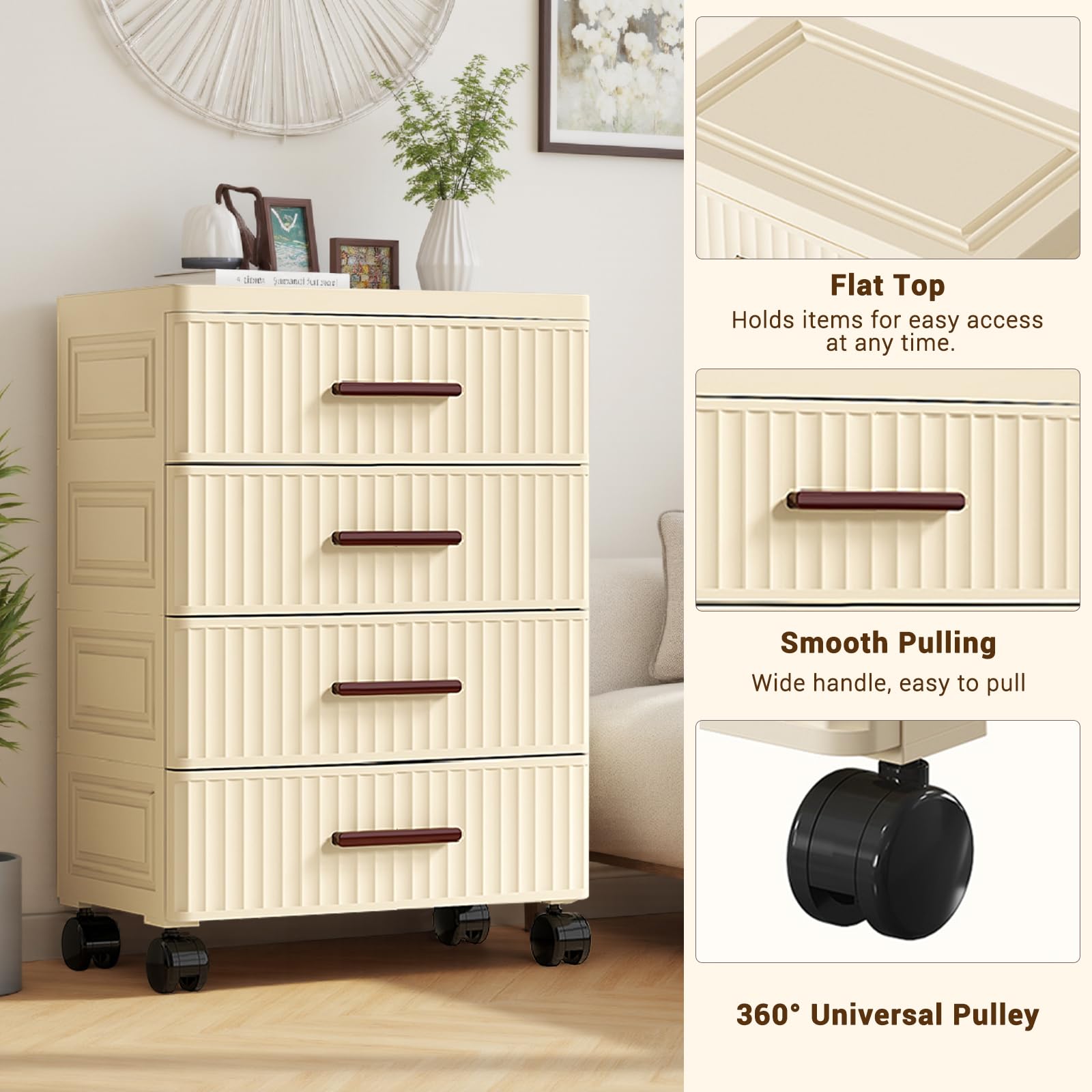 Garvee Meuble de rangement multifonctionnel avec 4 tiroirs, roulettes, plastique, couleur crème, 48cm, pour chambre et salon