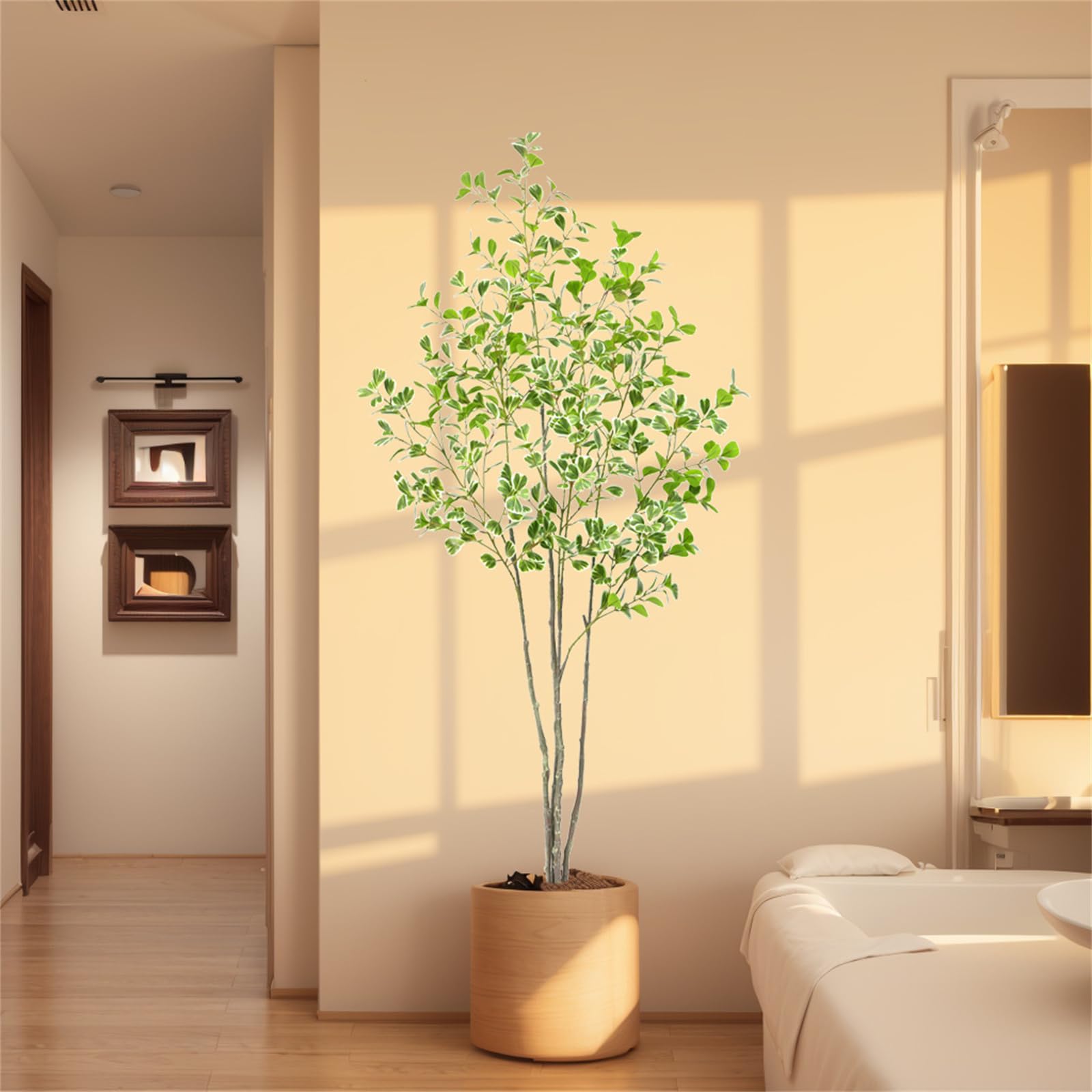 Ficus artificiel Garvee de 1,5 m avec branches ajustables et pot stable, idéal pour la décoration de la maison et du bureau. Entretien facile, texture réaliste, vert.