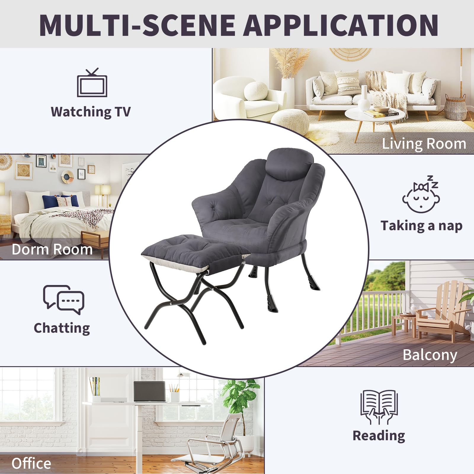 Fauteuil relax Garvee avec repose-pieds, ergonomique, en velours, pliable, gris, pour salon et chambre, gain de place