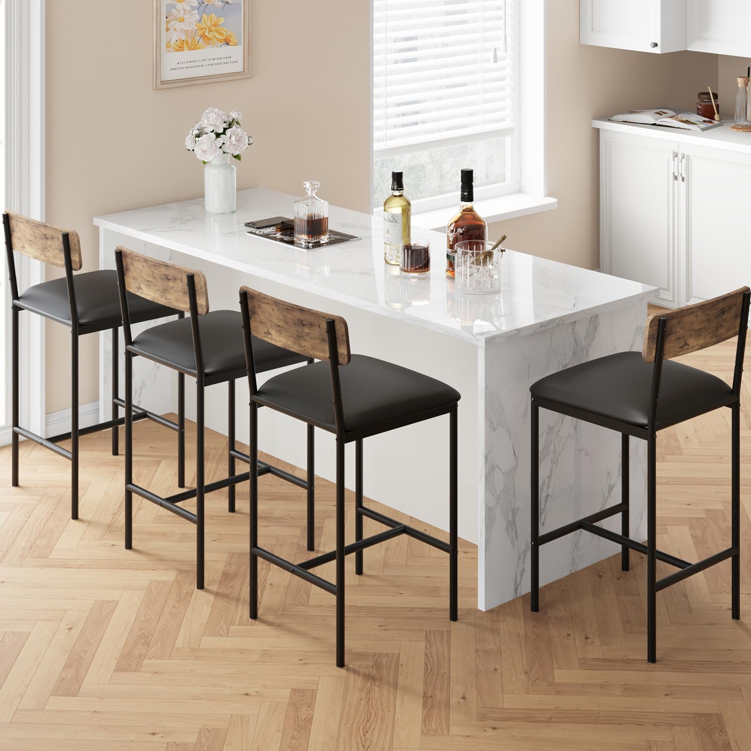 Garvee Lot de 4 tabourets de bar avec dossier rembourré et repose-pieds, style industriel. Pour cuisine, salle à manger, bureau. 37x42x95 cm. Vintage.
