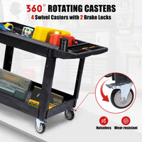 Chariot utilitaire Garvee à 2 niveaux, capacité de charge de 250 kg, roues pivotantes à 360°, plastique PEHD, poignée ergonomique pour entrepôt, atelier, garage, noir