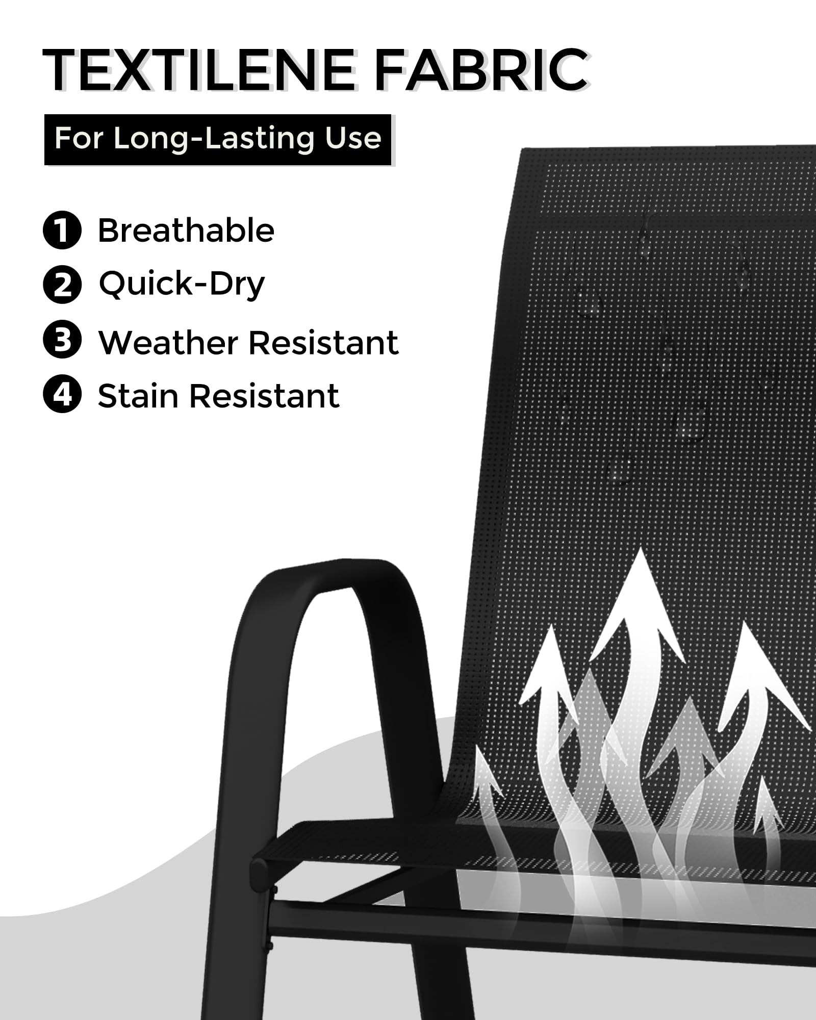 Ensemble de 4 chaises de jardin Garvee, empilables, légères, en tissu Teslin respirant, résistantes aux intempéries, noires, pour jardin et piscine, 61,5 cm (P) x 60 cm (L) x 96 cm (H)