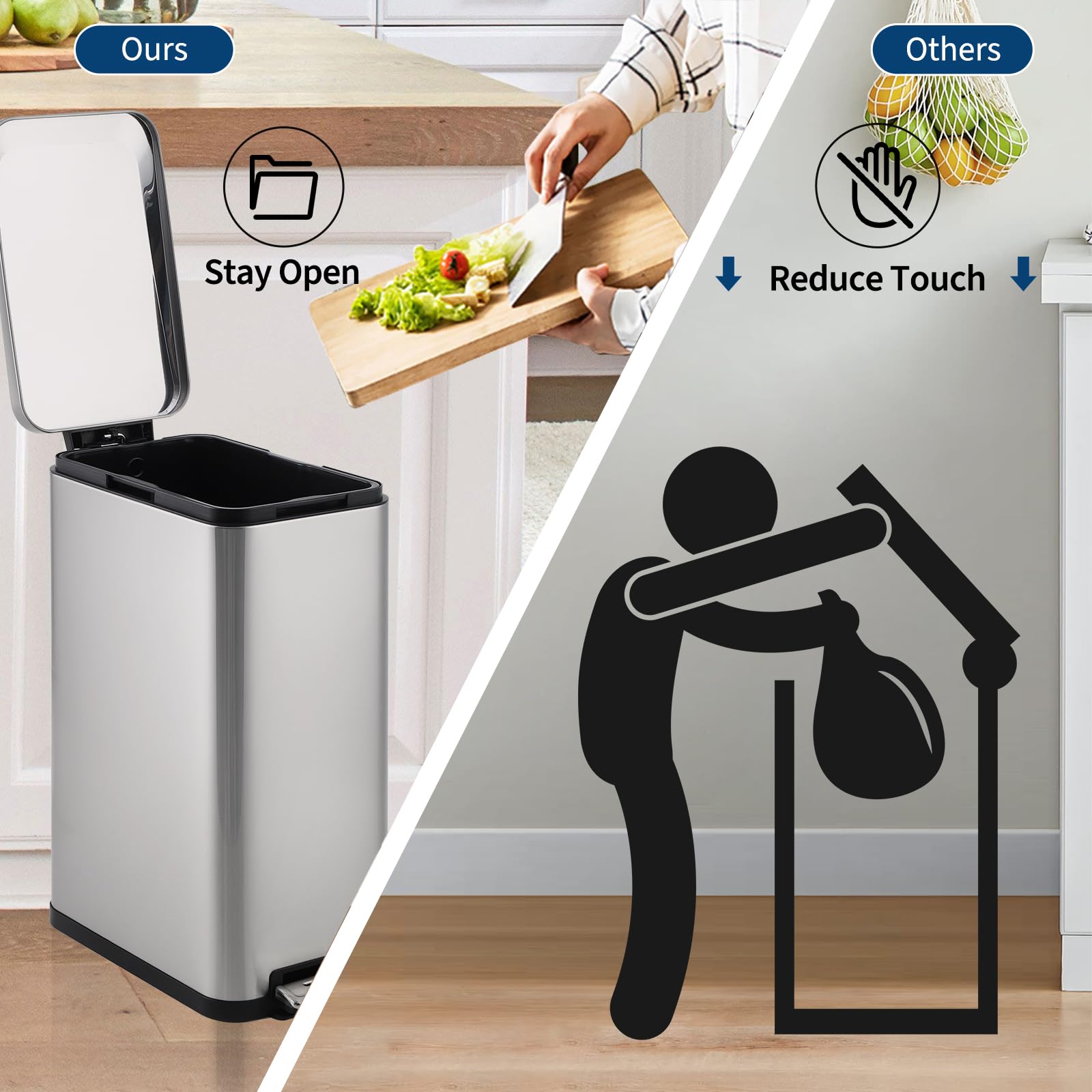 Poubelle de cuisine Garvee 13 gallons en acier inoxydable avec couvercle à fermeture douce et pédale mains libres pour la cuisine et le bureau, design mince, anti-traces de doigts