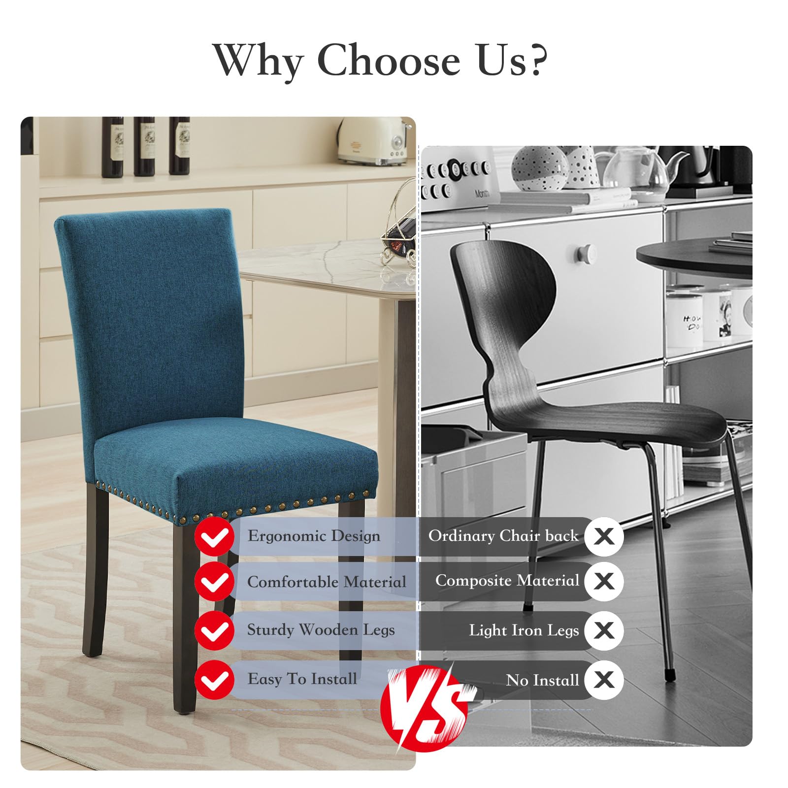 Ensemble de 2 chaises de salle à manger Garvee, revêtues de tissu ergonomique en lin bleu foncé, pour salon et salle à manger.