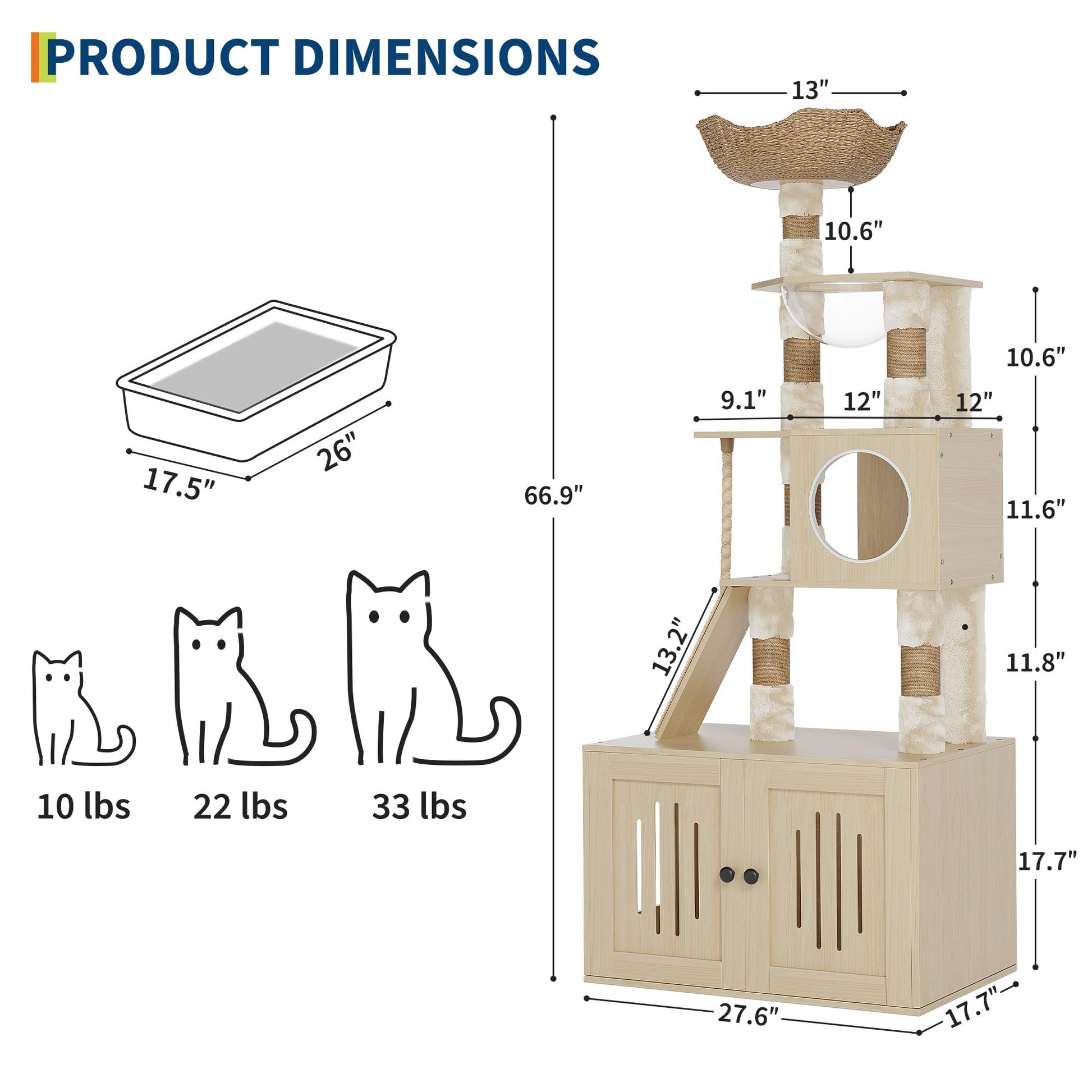 Arbre à chat Garvee 170 cm avec bac à litière et station de gamelle, grand griffoir pour salon, coussins lavables, beige