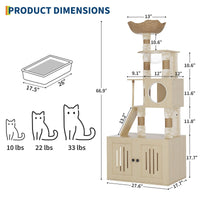 Arbre à chat Garvee 170 cm avec bac à litière et station de gamelle, grand griffoir pour salon, coussins lavables, beige