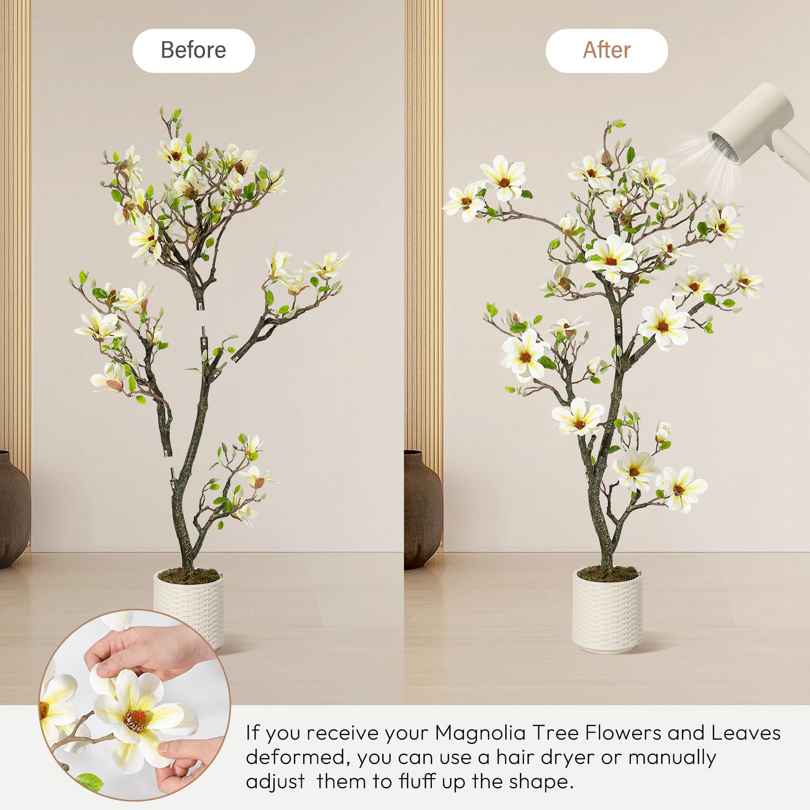Garvee Plante artificielle de magnolia 150 cm en pot blanc, réaliste et durable, pour maison et bureau