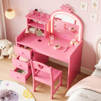 Garvee Bureau-Coiffeuse Enfant Princesse avec Miroir LED, 2-en-1 Convertible, MDF, Rangement et Chaise, Idéal pour Jeux et Étude