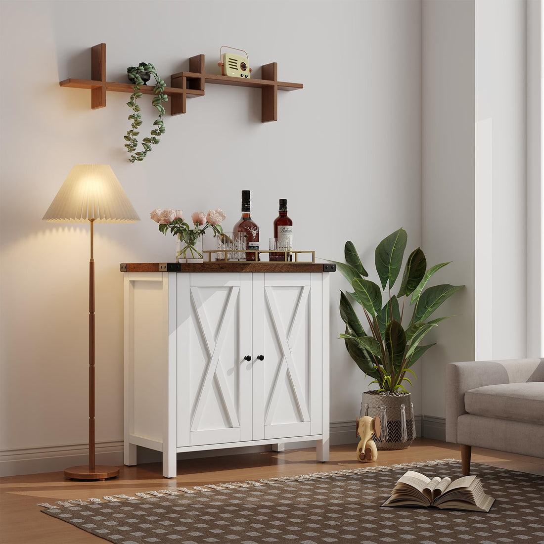 Garvee buffet de cuisine avec portes, étagère réglable, style campagnard, pour cuisine, salon, salle à manger, blanc et brun