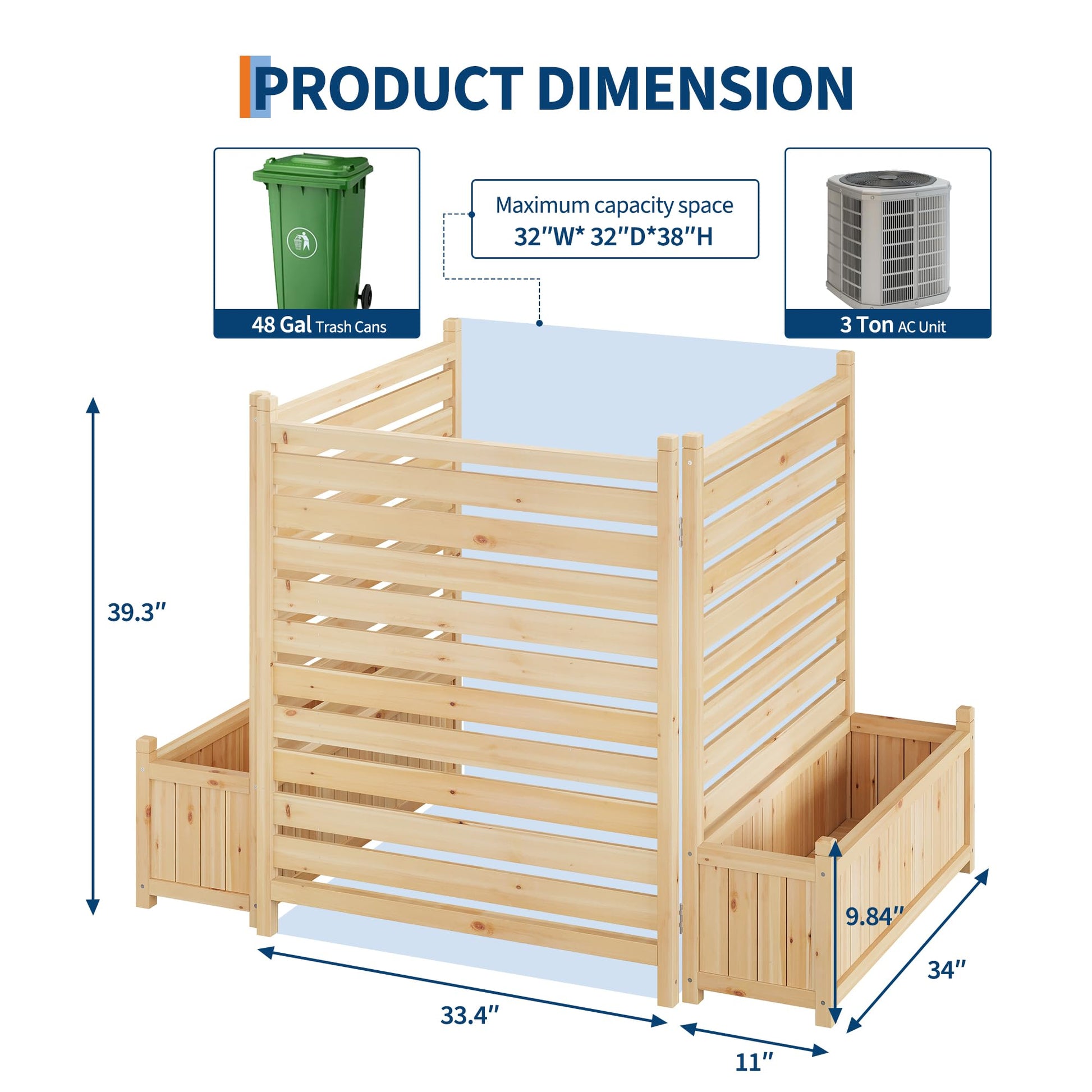 Clôture d'extérieur Garvee 33 x 40 pouces, en bois avec jardinière intégrée, idéale pour terrasse et jardin. Résistante aux intempéries, robuste et autoportante. Bois naturel.