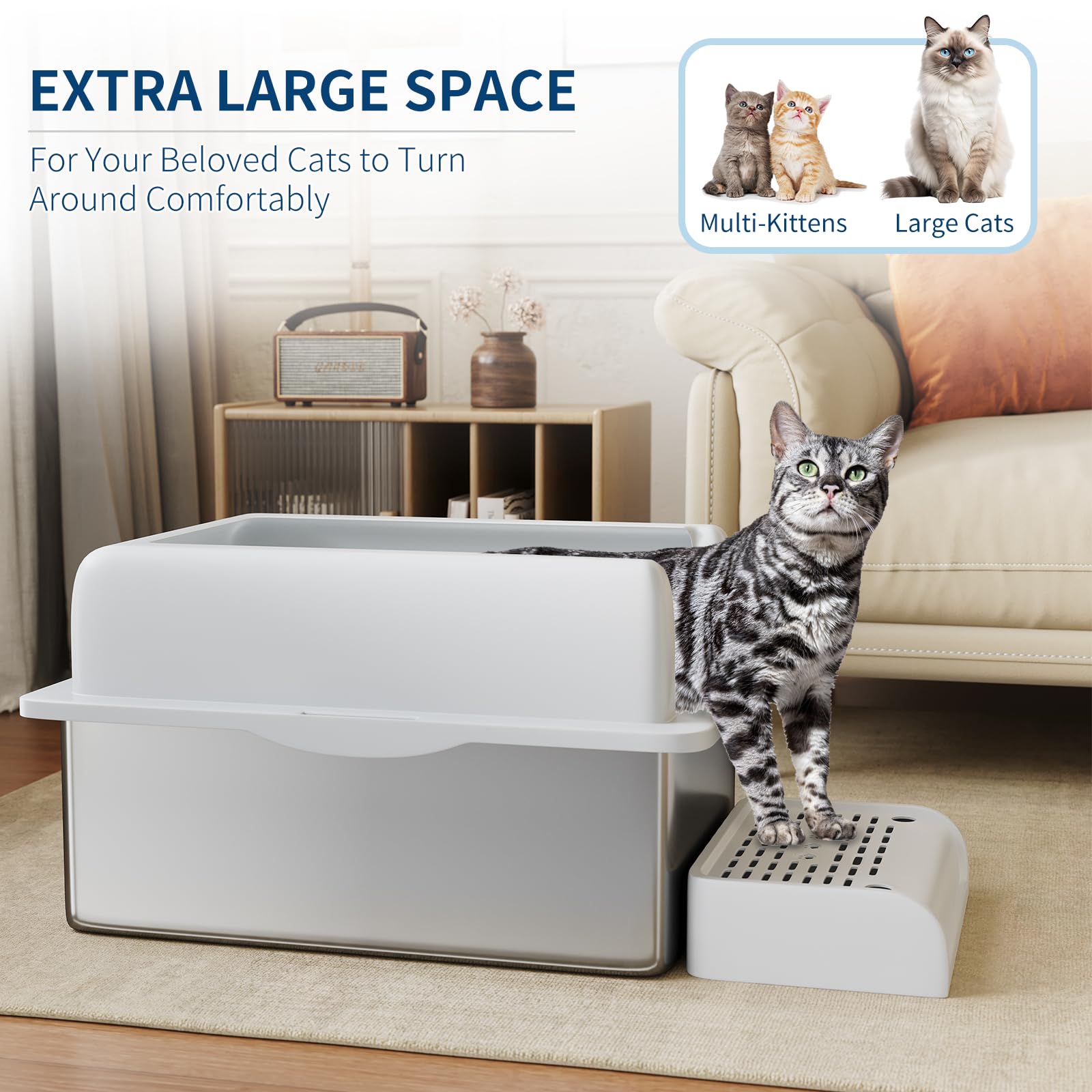 Garvee Bac à litière XL en acier inoxydable pour grands chats, caisse fermée avec couvercle, bords hauts anti-fuite, facile à nettoyer, avec pelle et marchepied