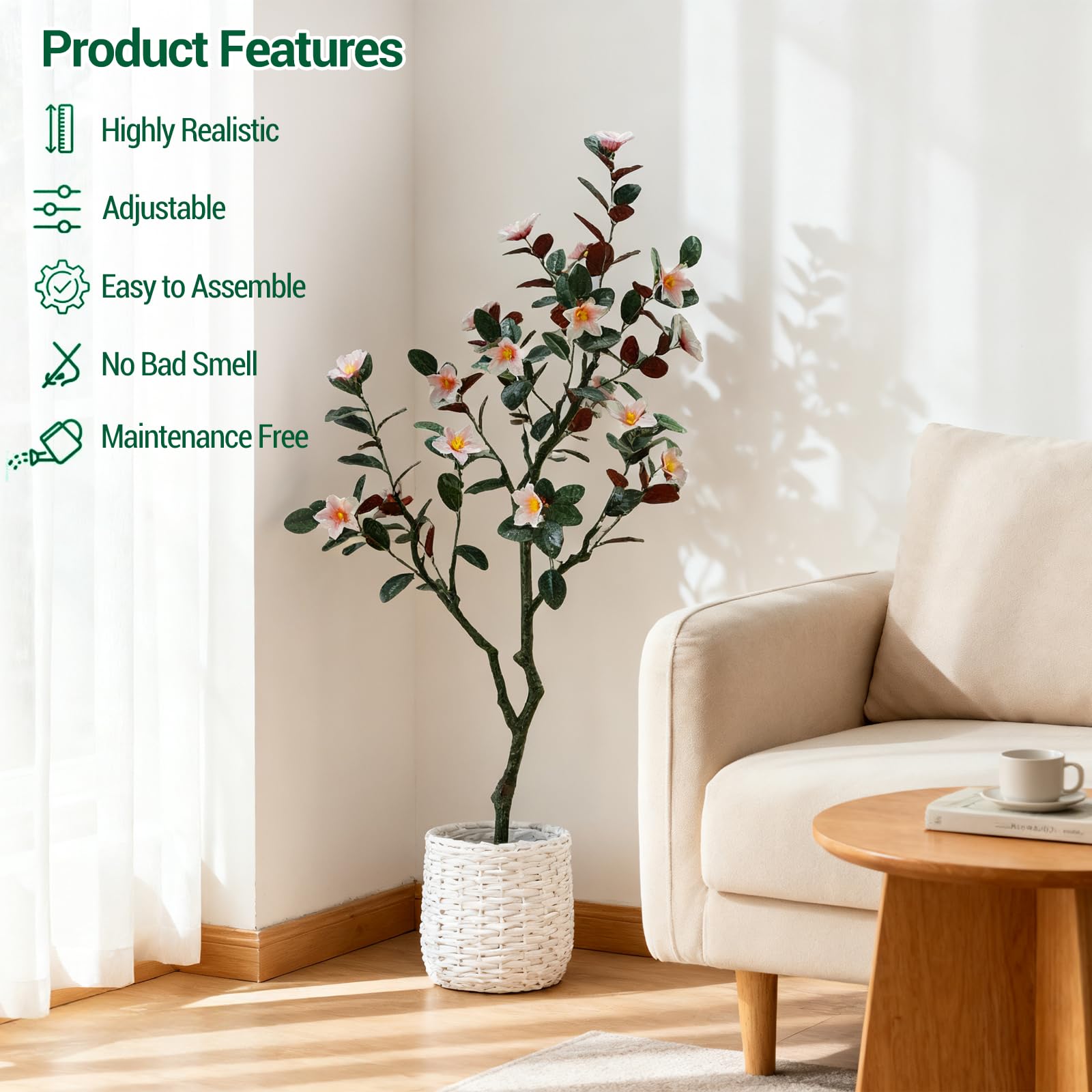 Magnolia artificiel Garvee de 1,80 m avec fleurs et feuilles épanouies, pot robuste pour salon et bureau, vert
