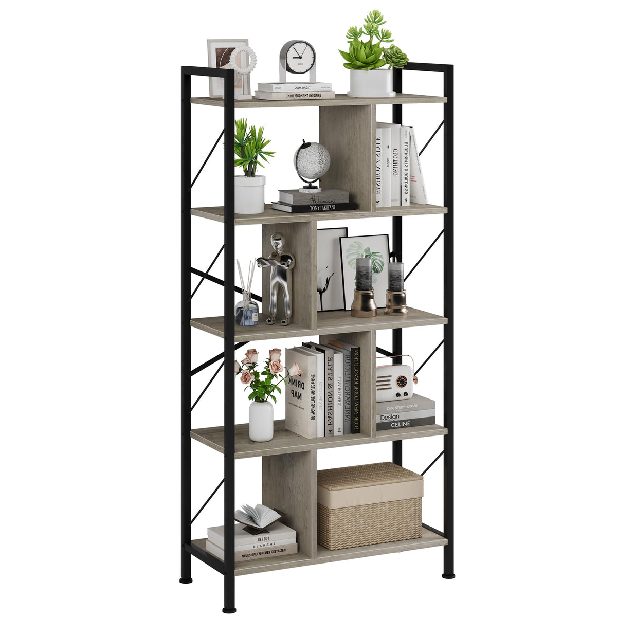 Garvee étagère industrielle haute à 5 niveaux avec rangement pour salon, bureau, chambre, en MDF et métal, robuste et anti-basculement
