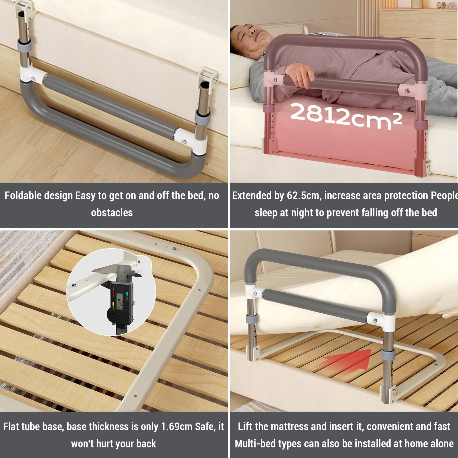 Barrière de lit Garvee pour seniors, réglable en hauteur, gris et blanc, 64 x 55 x 36,5 à 43,5 cm, protection antichute, robuste et sûre