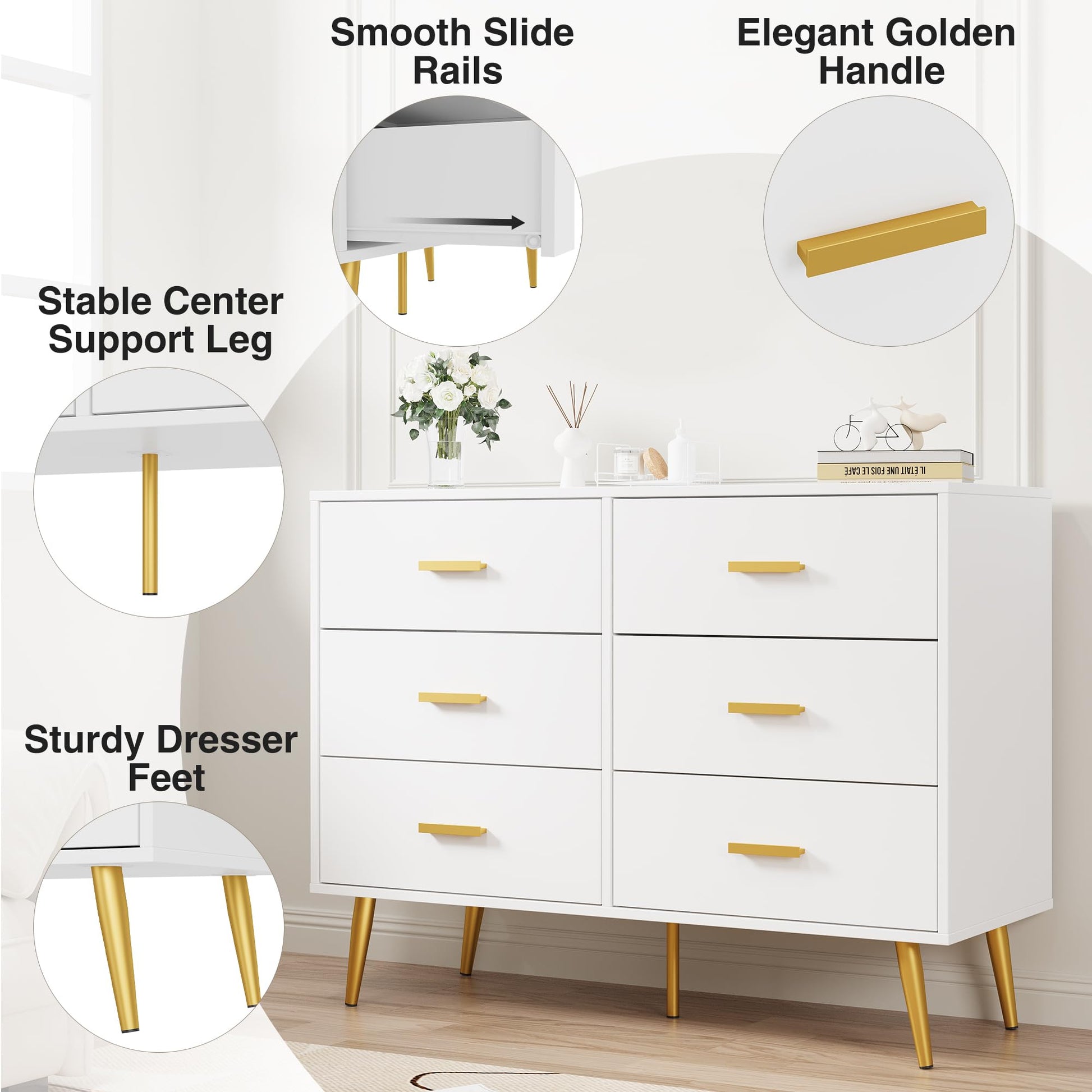 Garvee commode moderne blanche à 6 tiroirs, poignées dorées, pour la chambre et le salon