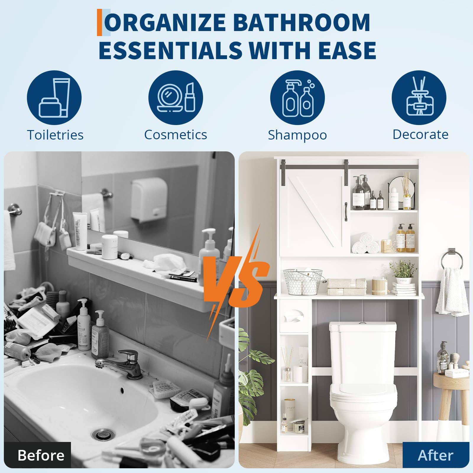Armoire de rangement Garvee à suspendre aux toilettes avec porte coulissante, étagère réglable, porte-papier toilette, blanche, bois, gain de place pour salle de bain et buanderie