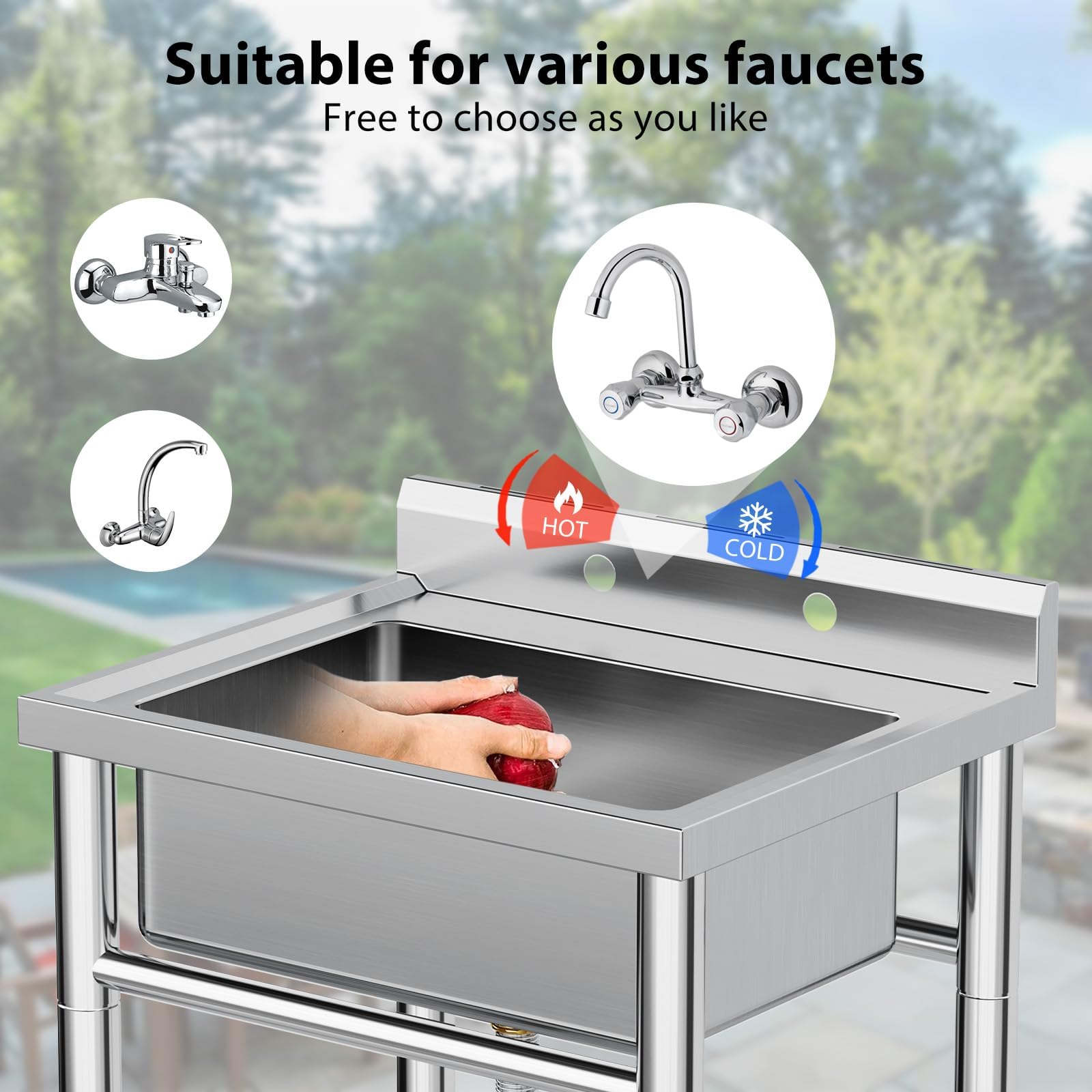 Garvee Évier sur Pied Inox 53 × 53 × 84 cm, Bac Unique avec Vidange Rapide, Design Sécurisé, pour Cuisine, Garage et Usage Pro