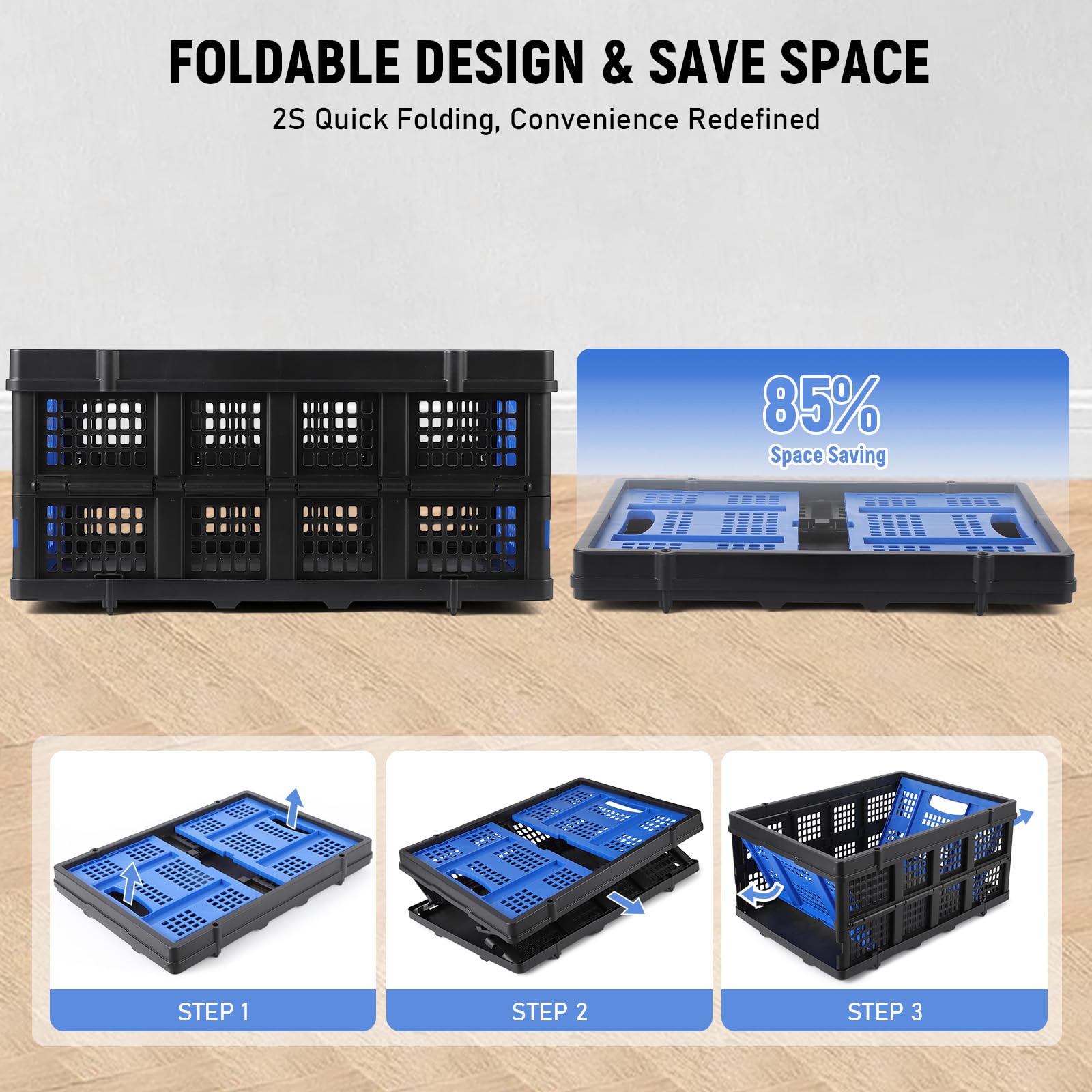 Boîte pliante professionnelle robuste Garvee avec poignées tactiles, 55 L, 40 x 56 x 26 cm, bleue - Pliable, empilable, écologique