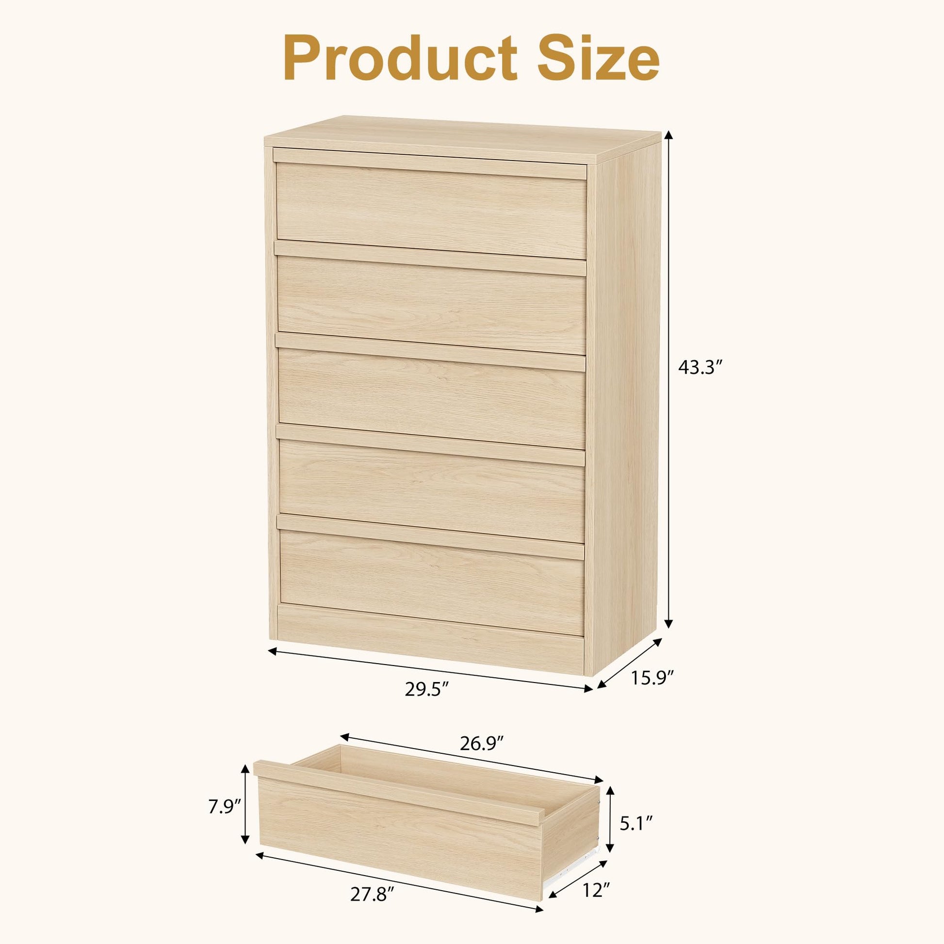 Commode Garvee à 5 tiroirs, style moderne en bois, offrant un grand espace de rangement pour la chambre et le salon, 75 cm (L) x 40 cm (P) x 110 cm (H)