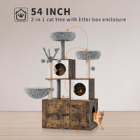 Arbre à chat Garvee 146 cm avec bac à litière intégré, maison pour chat 2 en 1, bois MDF, style moderne, gris et chêne.