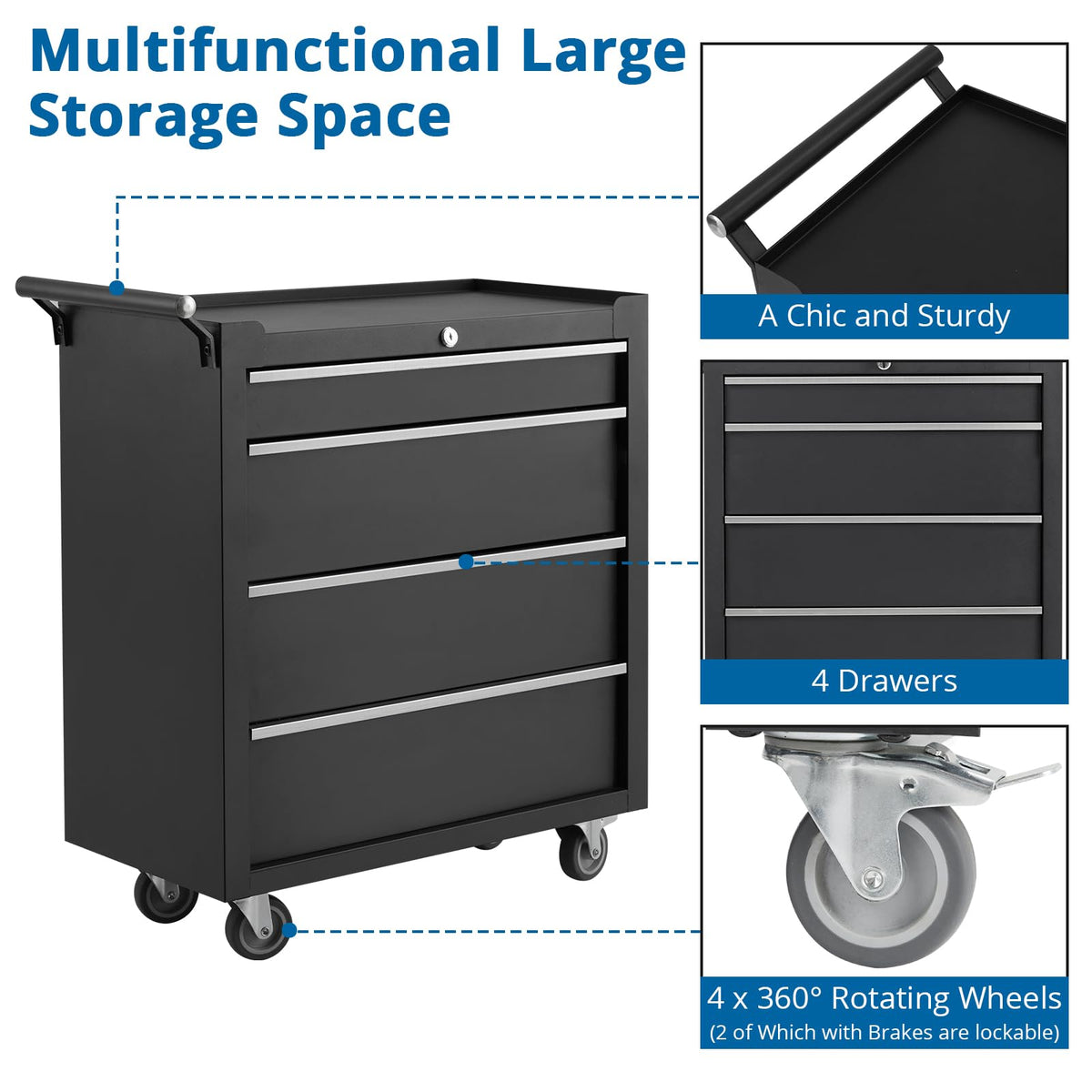 Garvee chariot à outils 6 tiroirs en acier noir, 64 × 62 × 33 cm, avec roulettes et serrure
