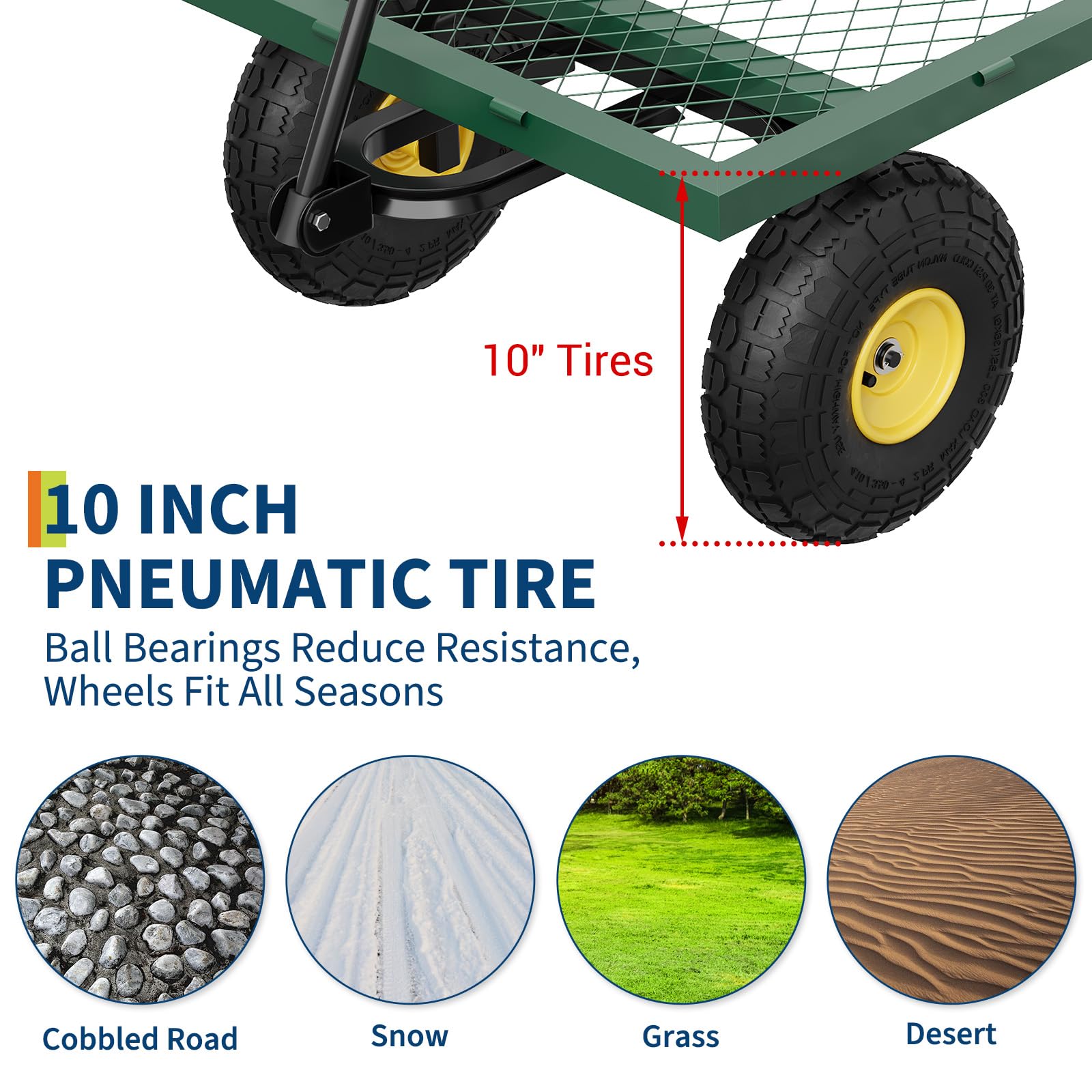 Chariot de jardin GARVEE 408 kg (900 lb), acier renforcé, côtés grillagés amovibles, poignée réglable, pneus 25 cm, vert