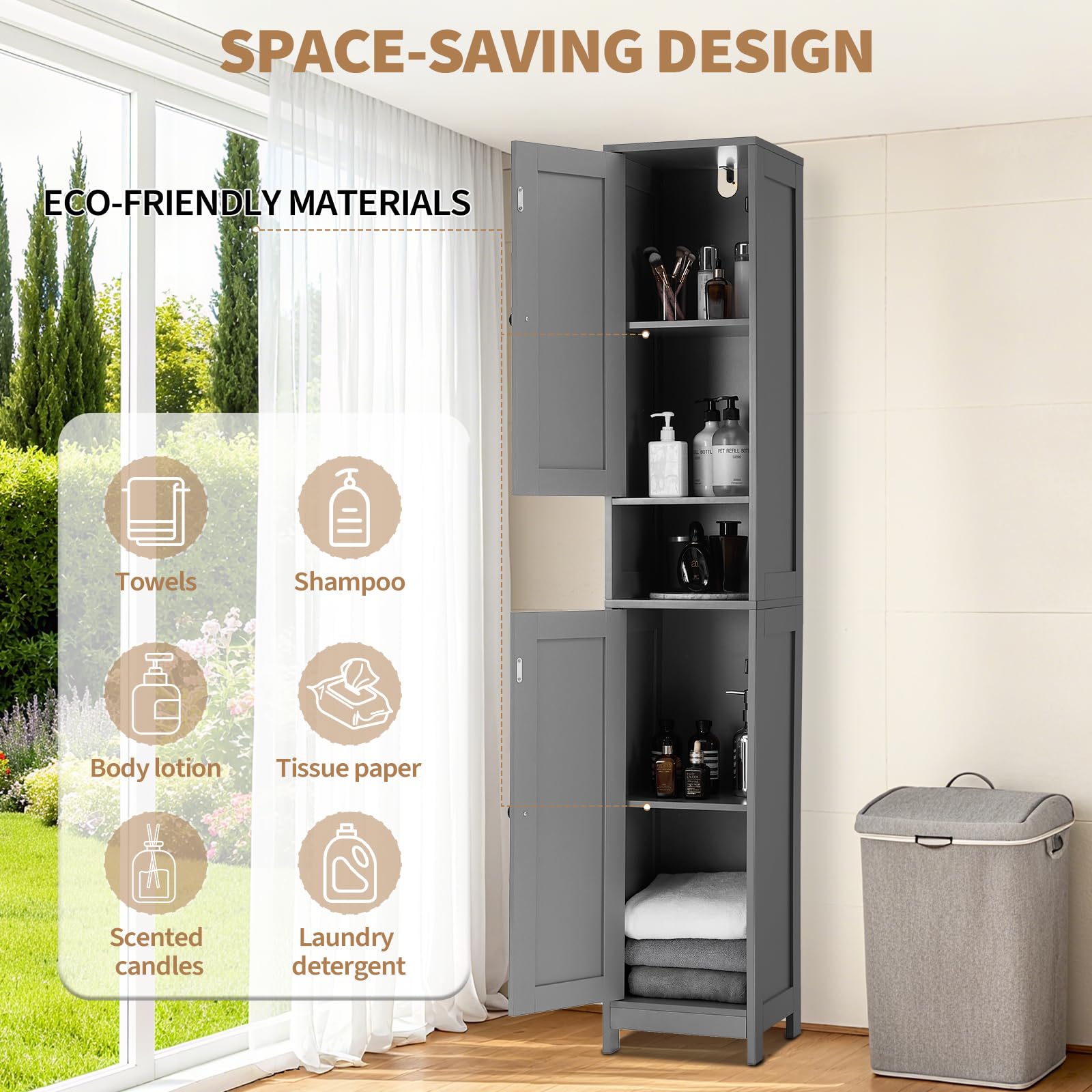 Meuble de salle de bain Garvee de 170 cm de haut avec 2 portes coulissantes de style grange et 1 tiroir, étagères réglables, bois massif, style campagnard, étroit, blanc, polyvalent pour la salle de bain et la cuisine