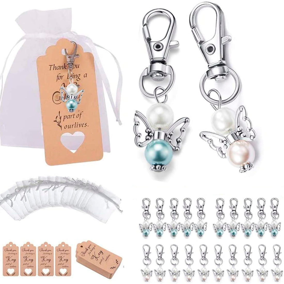 Garvee Lot de 20 porte-clés anges avec sachets en organza et cartes de remerciement, cadeau idéal pour baptême, naissance, mariage ou fête, argent.