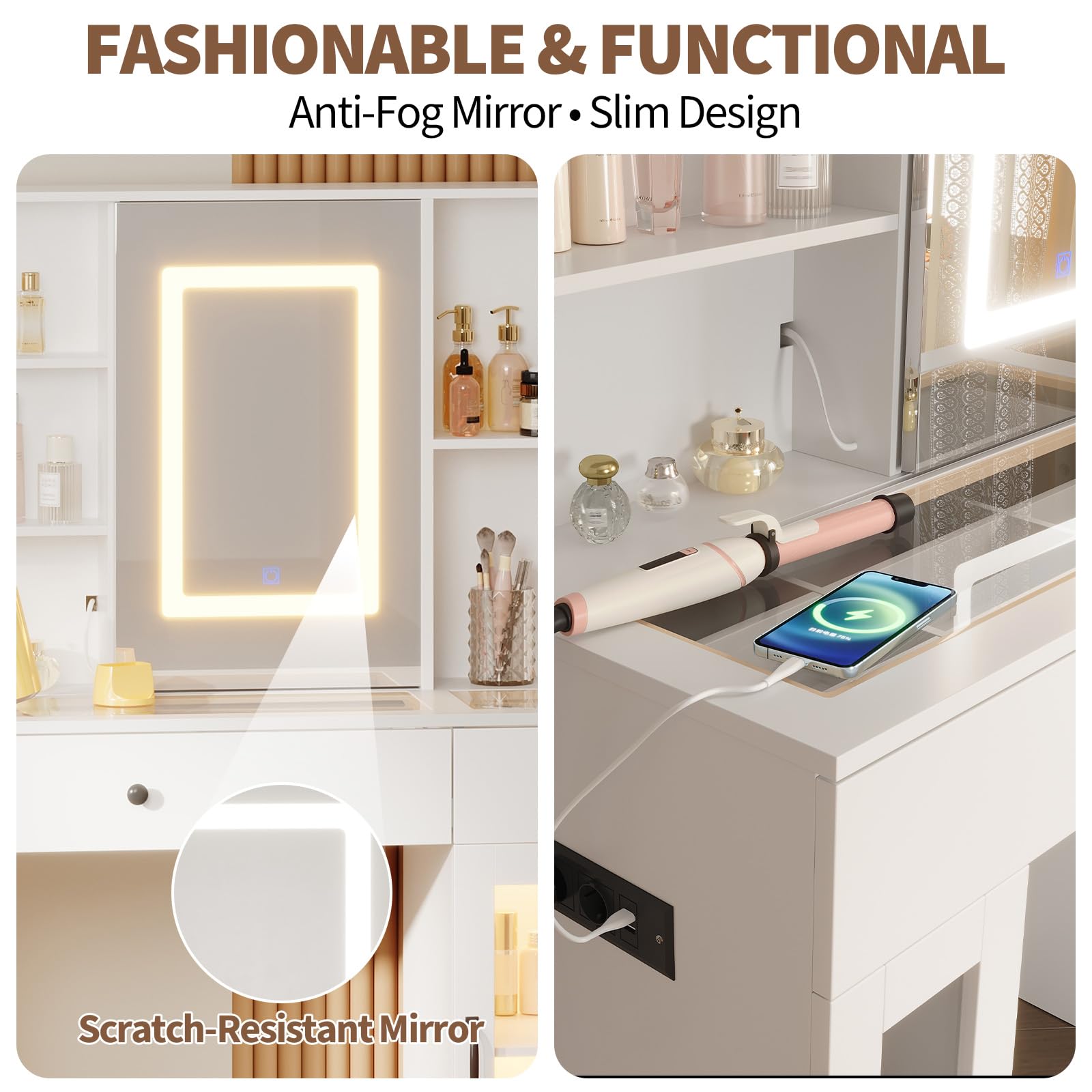 Garvee Coiffeuse avec Miroir LED 3 Couleurs, Plateau en Verre Effet Arc-en-Ciel, MDF Résistant, Tiroirs, Ports USB et Prises AC, Idéale Maquillage