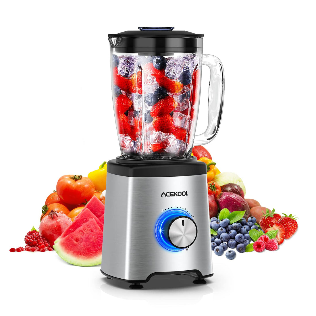 Robot pâtissier Garvee 800 W avec bol en verre de 1,75 L sans BPA, 6 lames en acier inoxydable, 5 vitesses, silencieux, noir