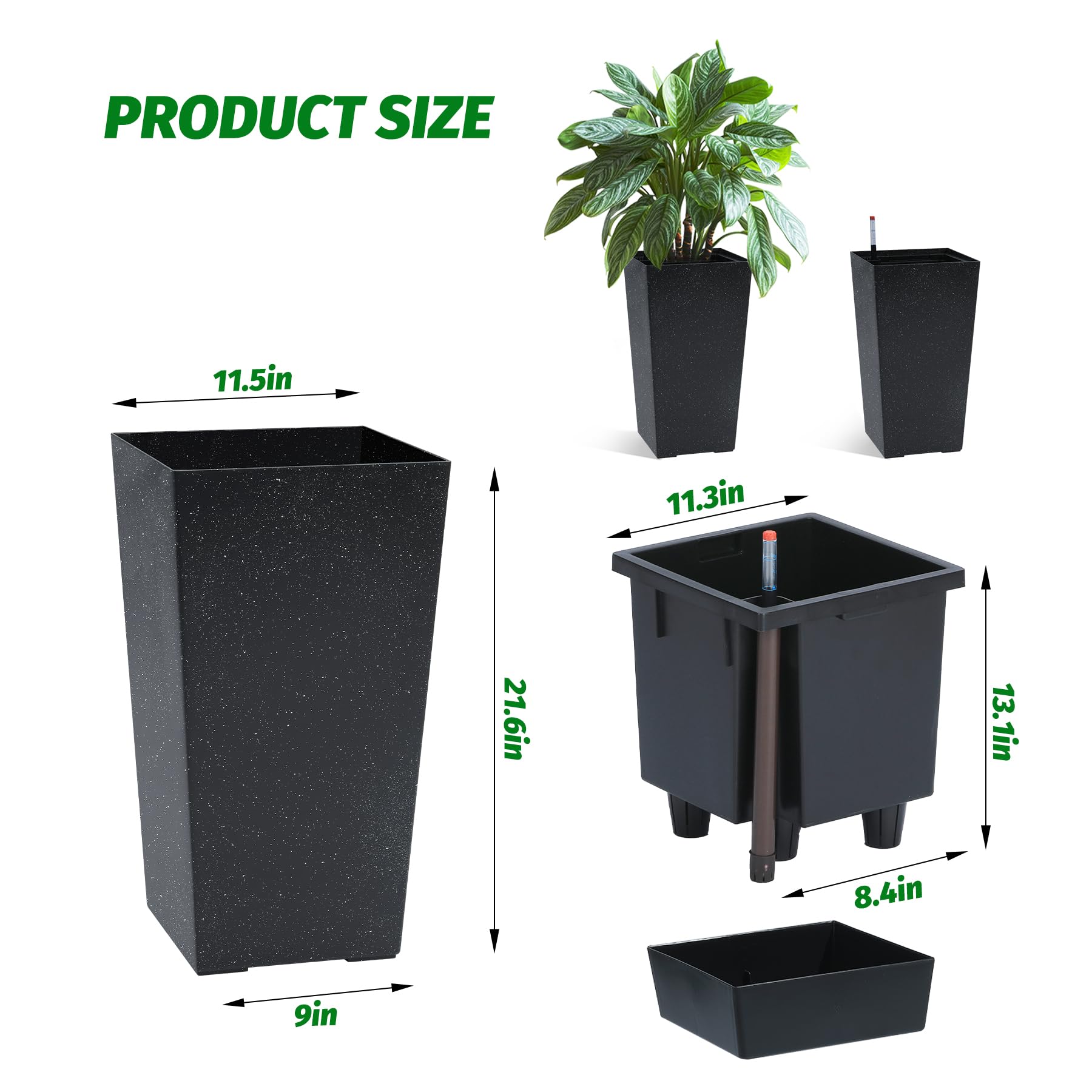 Garvee Lot de 2 jardinières de 57 cm de haut avec arrosage automatique et indicateur de niveau d'eau pour balcon et terrasse, à pois noirs et blancs, en plastique résistant aux intempéries