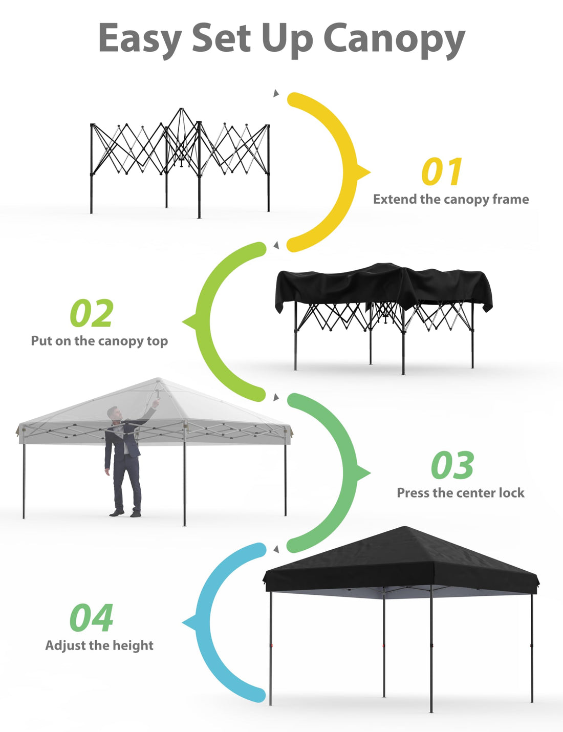 Garvee Pavillon pliant 3x3m en tissu Oxford 210D, protection UPF50+, imperméable, idéal pour camping et marchés, hauteur réglable, blanc