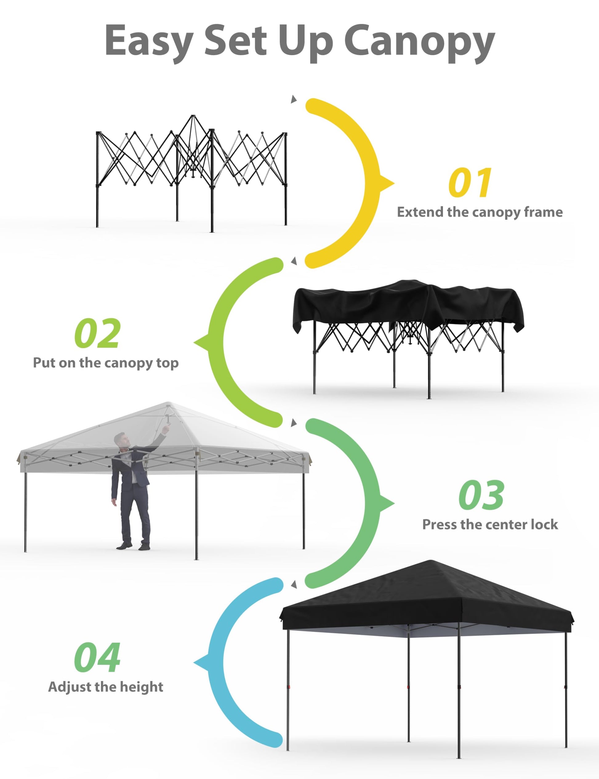 Pavillon pliant Garvee 3 x 3 m (10 x 10 pi) en tissu Oxford 210D, protection UPF 50+, imperméable, idéal pour le camping et les marchés, hauteur réglable, blanc