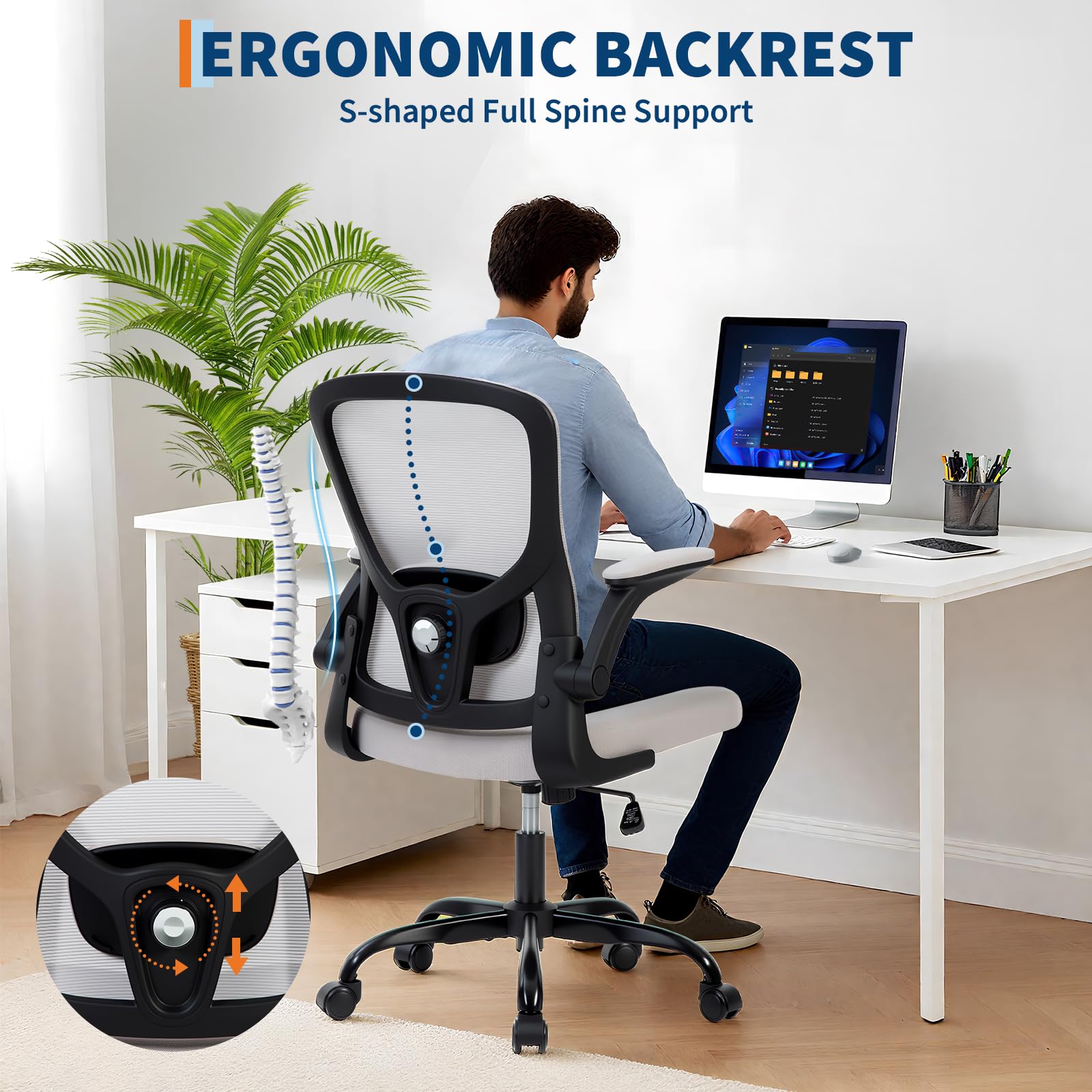 Chaise de bureau ergonomique Garvee en maille avec soutien lombaire réglable et accoudoirs pliables, pivotante à 360°, grise, idéale pour le télétravail et le bureau à domicile.