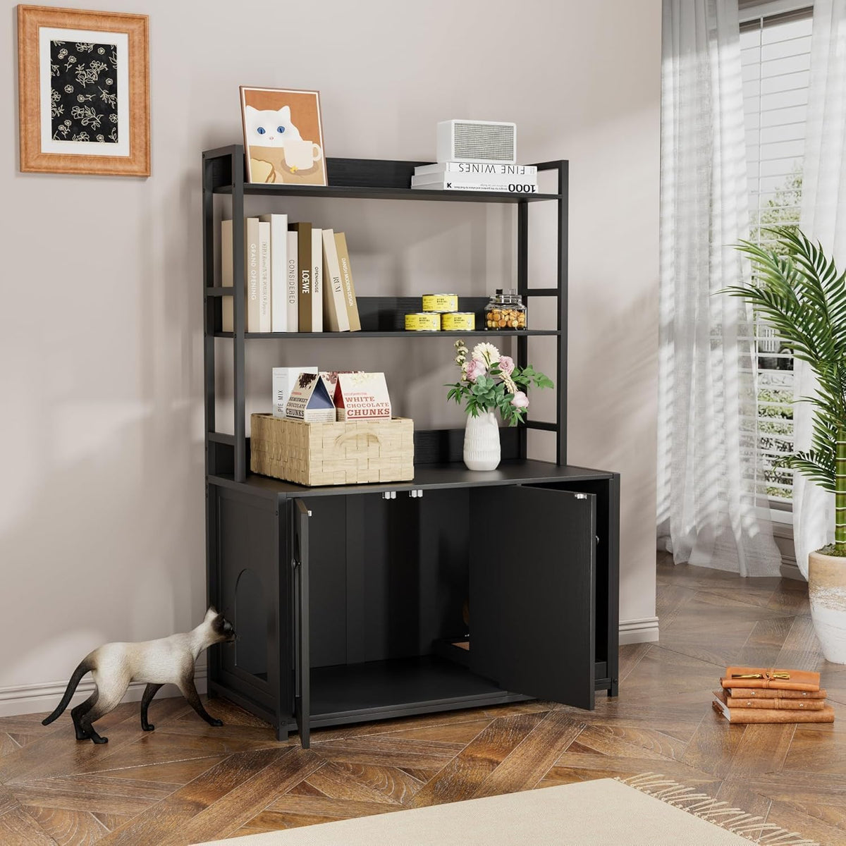 Garvee enclos pour bac à litière avec 2 portes, 2 étagères, griffoir pour usage intérieur, noir, MDF et acier, espace caché pour le chat, étagère intégrée