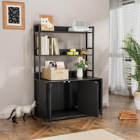 Garvee enclos pour bac à litière avec 2 portes, 2 étagères, griffoir pour usage intérieur, noir, MDF et acier, espace caché pour le chat, étagère intégrée