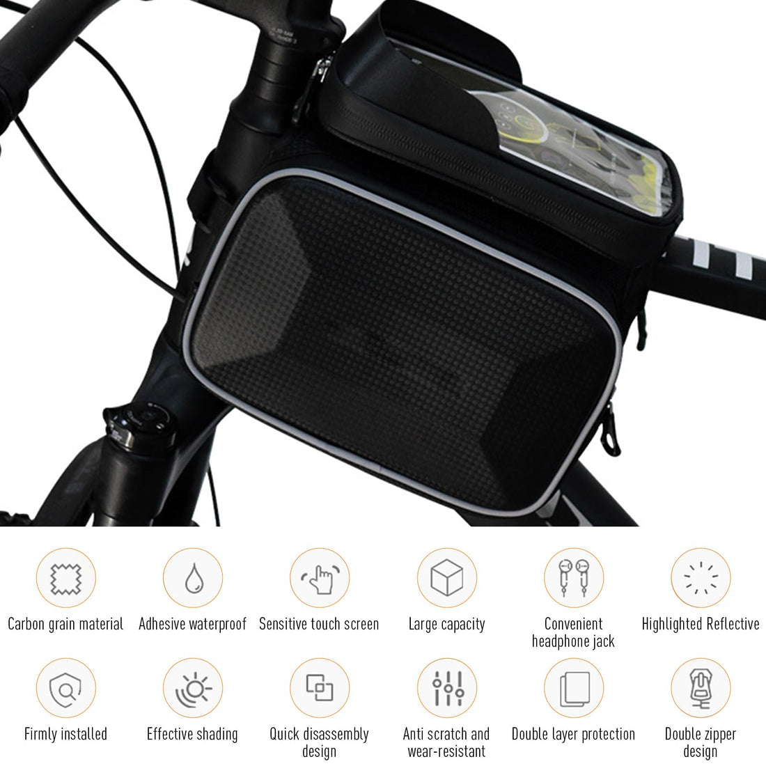Sacoche de cadre Garvee pour vélo, étanche, réfléchissante, résistante aux déchirures, avec support pour téléphone tactile, idéale pour le VTT et le cyclisme en extérieur, jusqu'à 16,4 cm de diamètre, noire.
