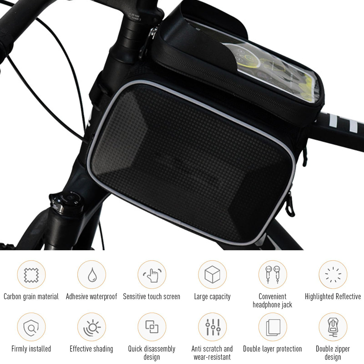 Sacoche de cadre Garvee pour vélo, étanche, réfléchissante, résistante aux déchirures, avec support pour téléphone tactile, idéale pour le VTT et le cyclisme en extérieur, jusqu'à 16,4 cm de diamètre, noire.