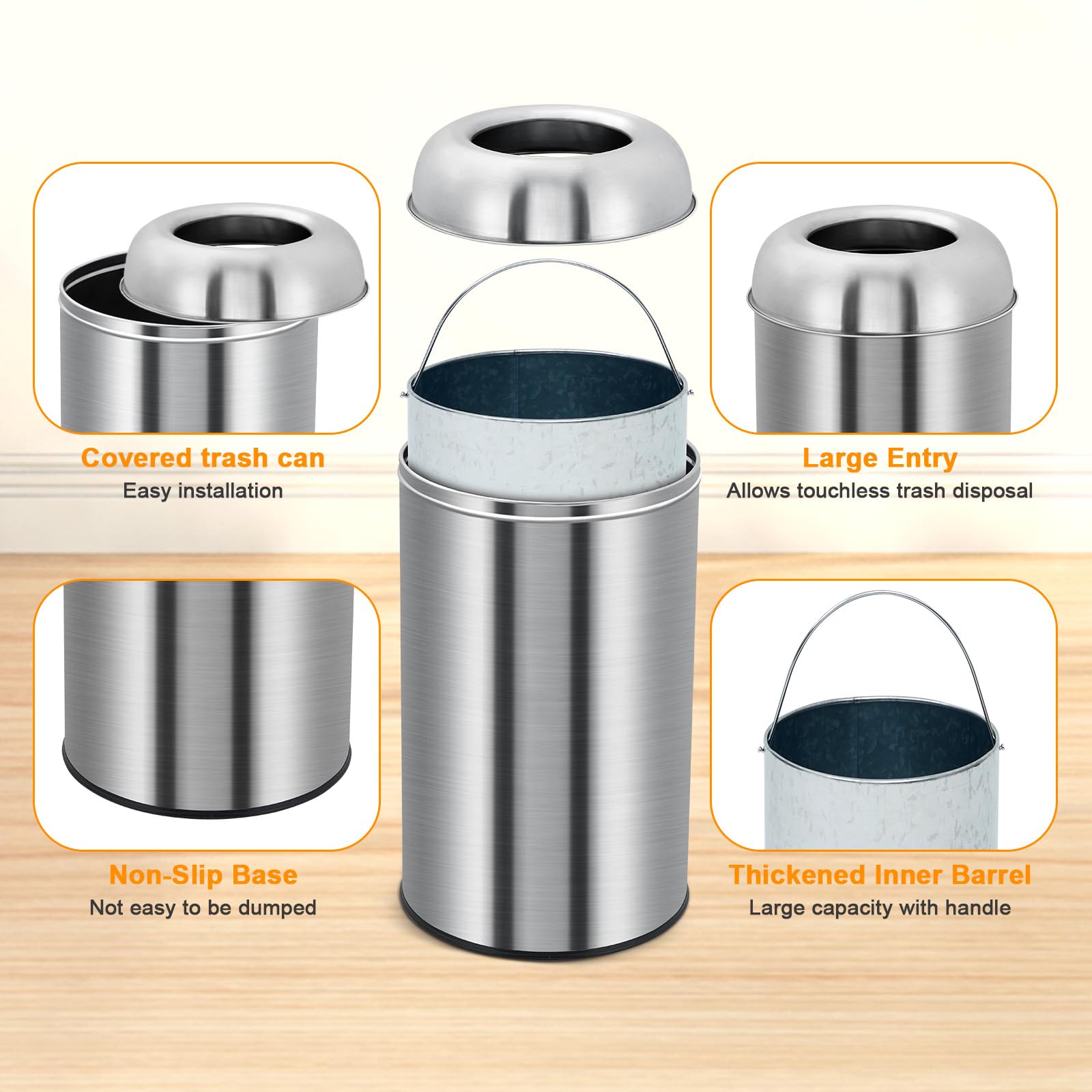 Poubelle Garvee 50 L (13 gal) en acier inoxydable avec couvercle ouvert et bac amovible, robuste, argentée, idéale pour la cuisine et le bureau.