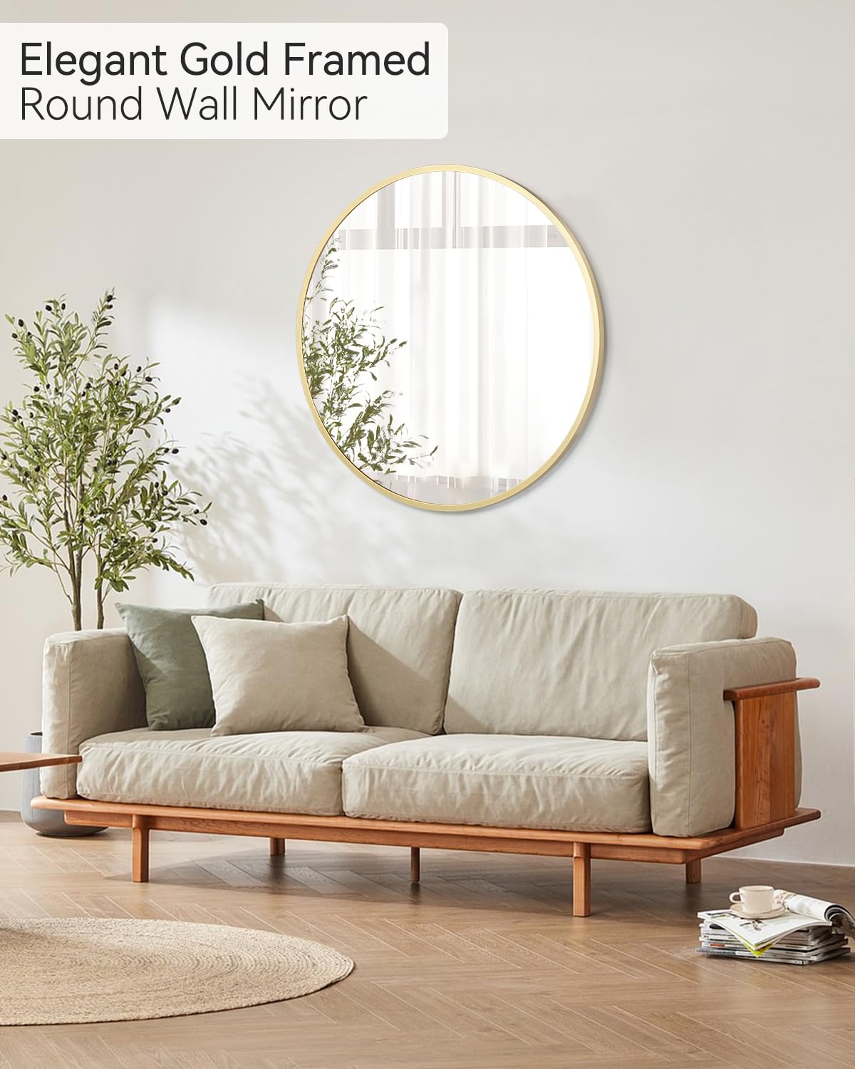 Miroir mural rond Garvee Gold 81 cm (32 pouces), cadre en métal doré mat, idéal pour salle de bain et couloir, verre HD sans distorsion.